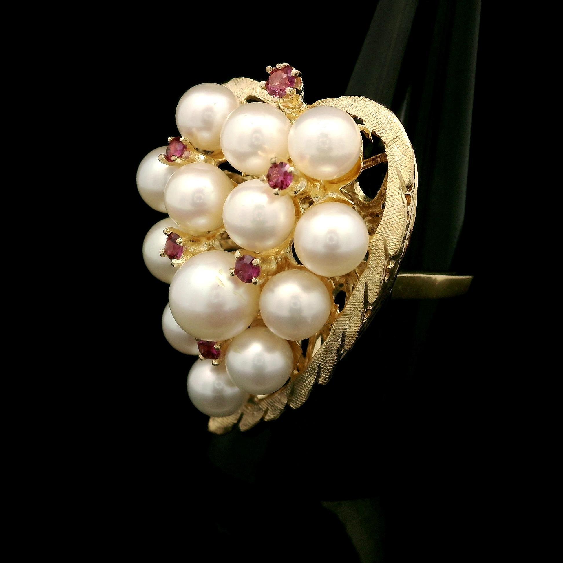 Vintage Yellow Gold Pearl Cluster Textured Leaf Statement Cocktail Ring For Sale 6