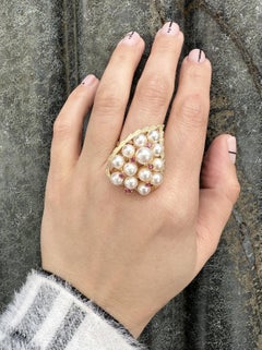 Vintage Yellow Gold Pearl Cluster Textured Leaf Statement Cocktail Ring
