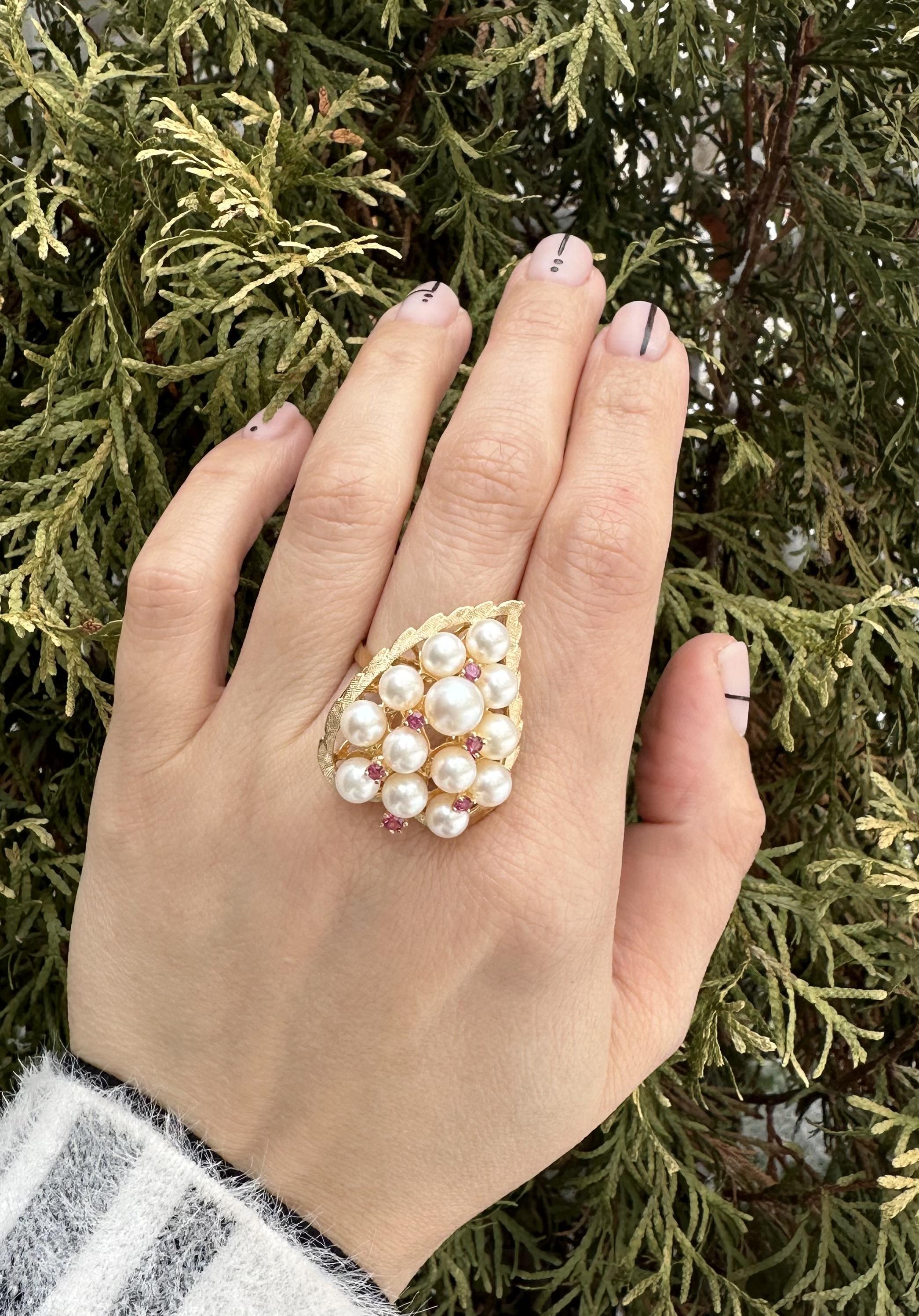 Vintage Yellow Gold Pearl Cluster Textured Leaf Statement Cocktail Ring For Sale 3