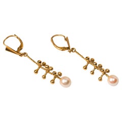 Retro Yellow Gold Pearl Drop Earrings, Modernist Tooled Gold Pearl Earrings