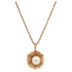 Vintage Yellow Gold Pearl Hand Etched Seashell Web Pendant 18" Necklace