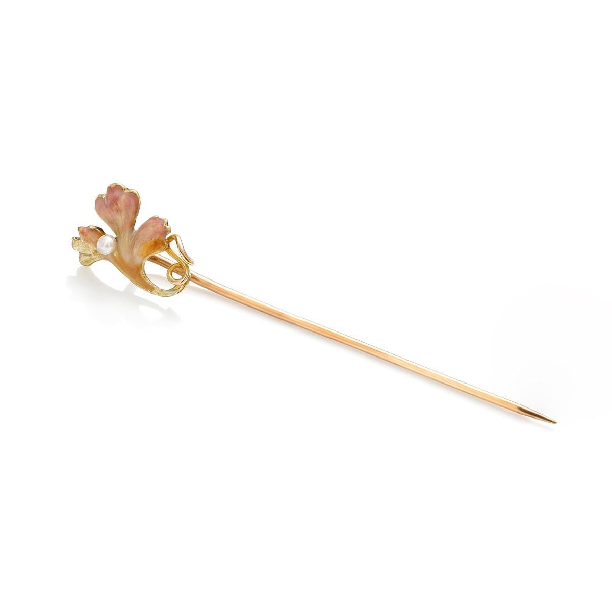 Art Deco Vintage Yellow Gold Pearl Orchid Enamel Stick Pin