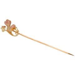 Vintage Yellow Gold Pearl Orchid Enamel Stick Pin