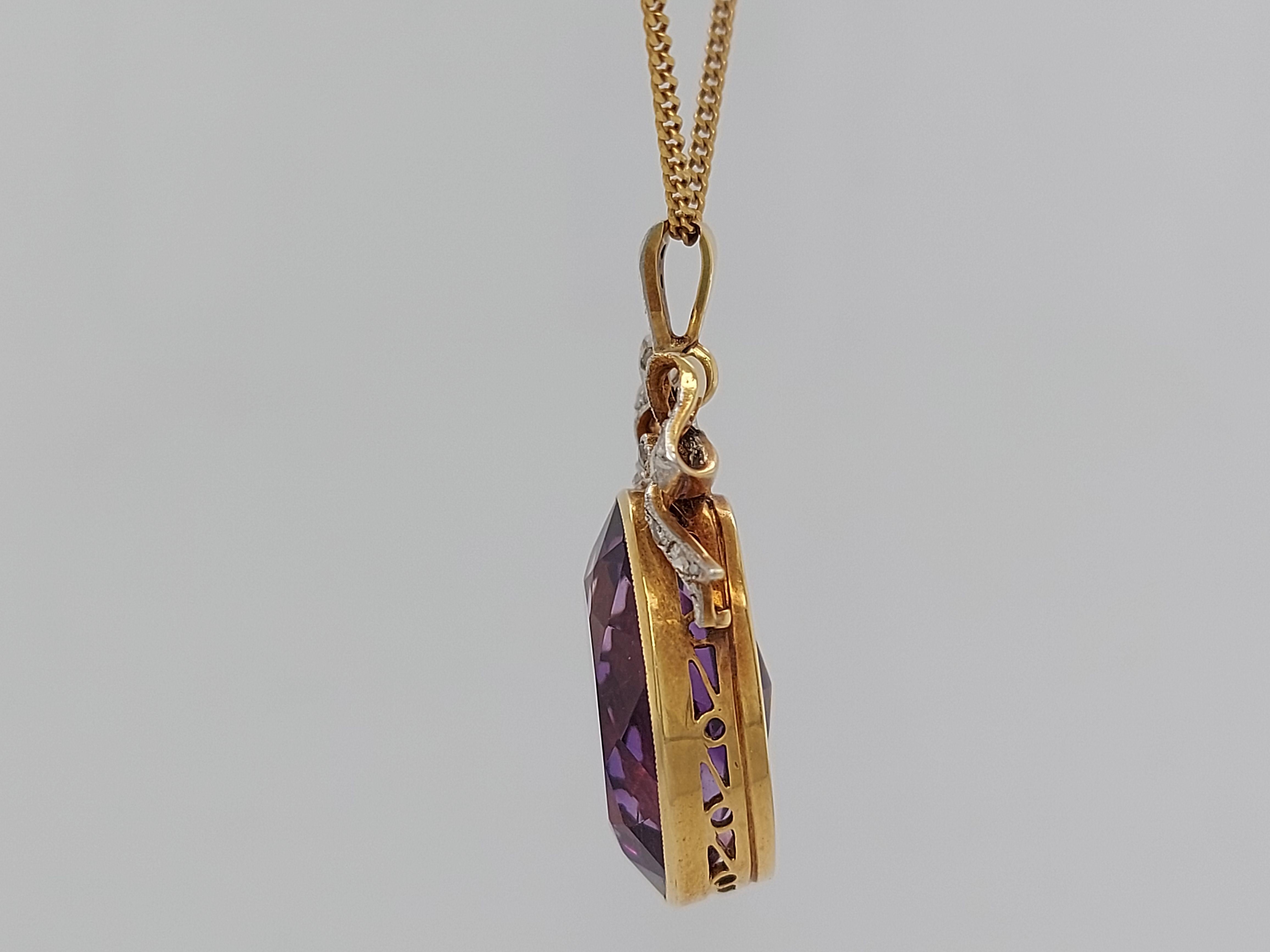 Vintage Yellow Gold Pendant Necklace with Amethyst and Rose Cut Diamonds For Sale 2