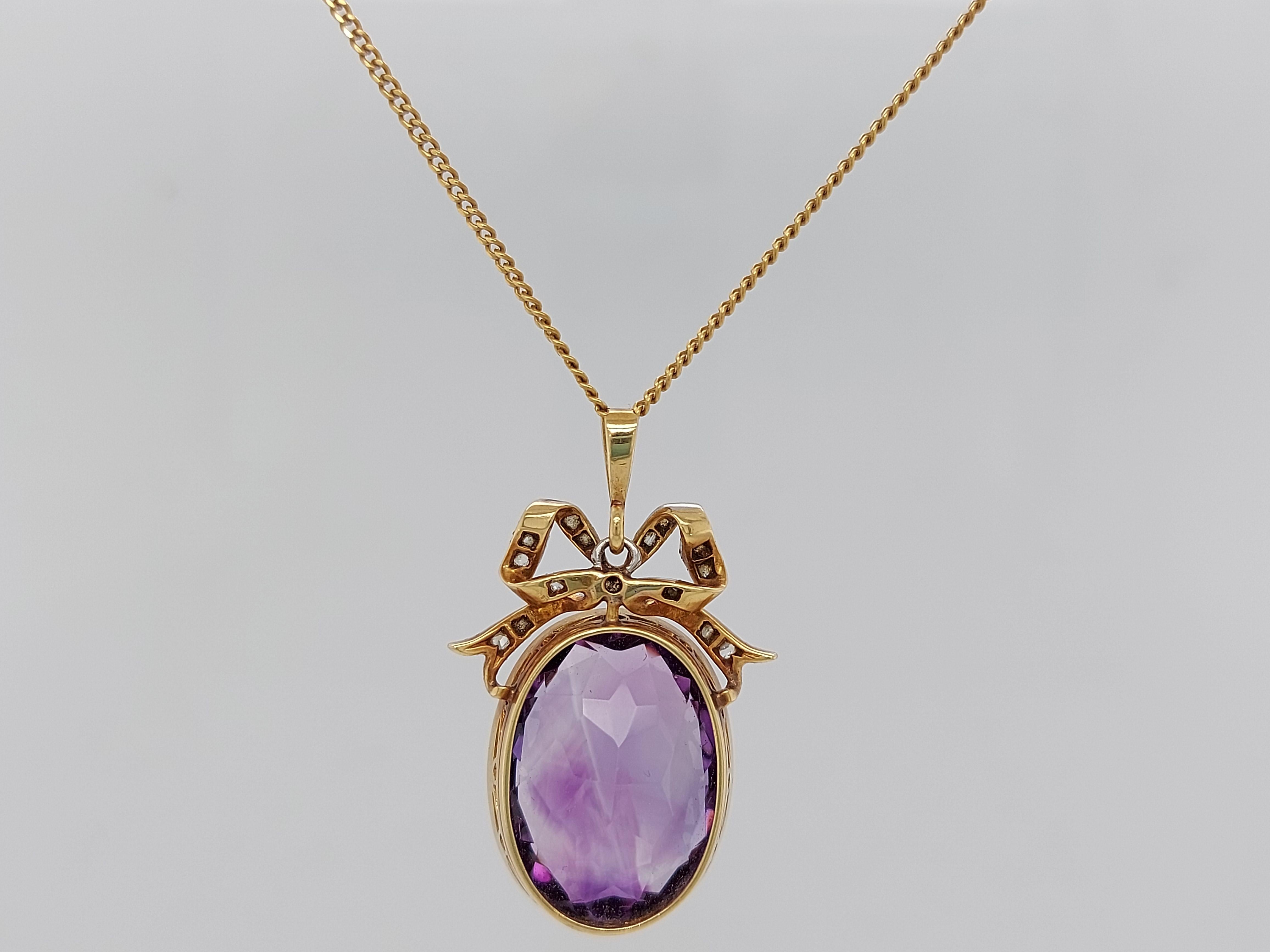 Vintage Yellow Gold Pendant Necklace with Amethyst and Rose Cut Diamonds For Sale 3