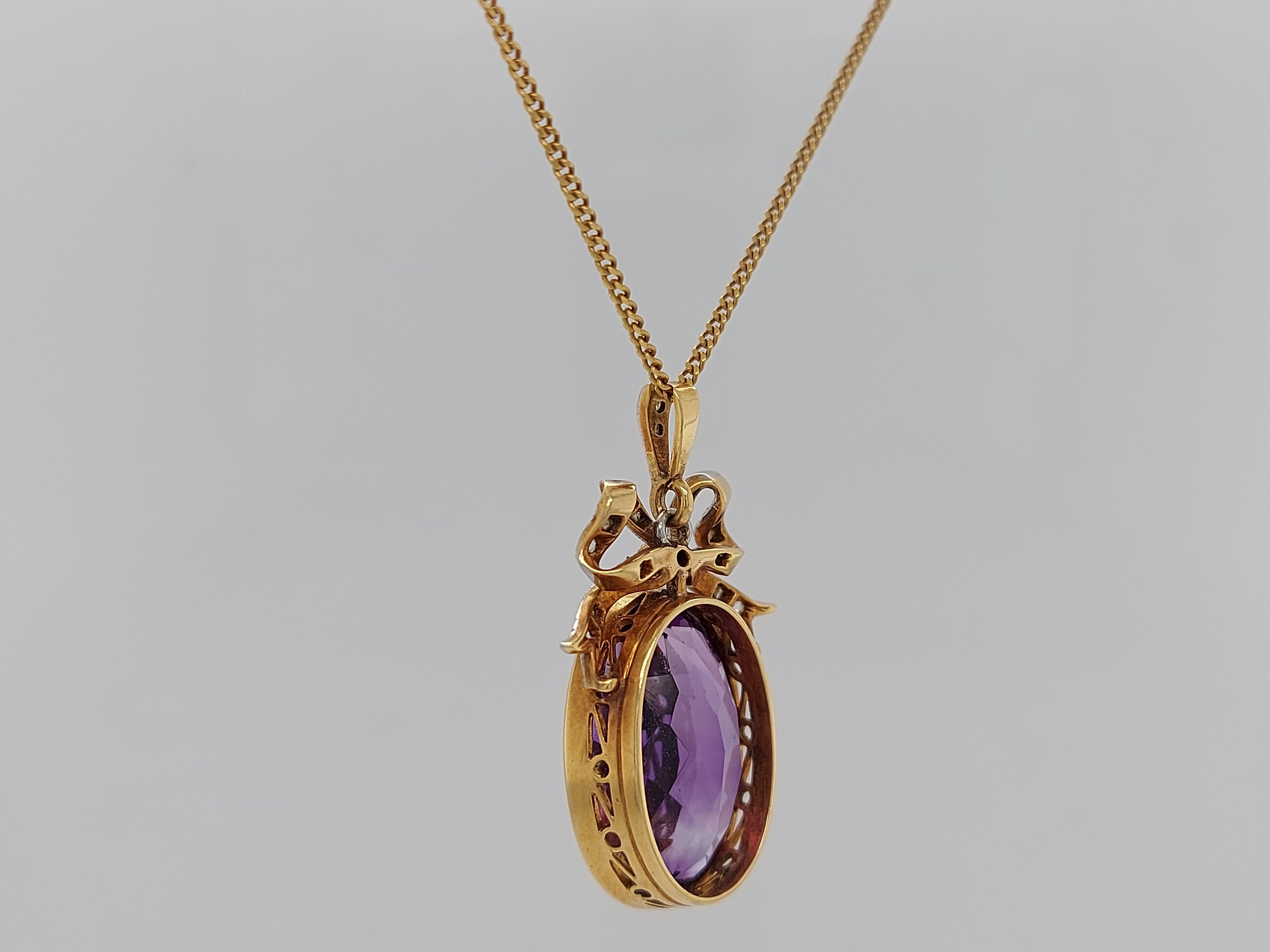 Vintage Yellow Gold Pendant Necklace with Amethyst and Rose Cut Diamonds For Sale 4