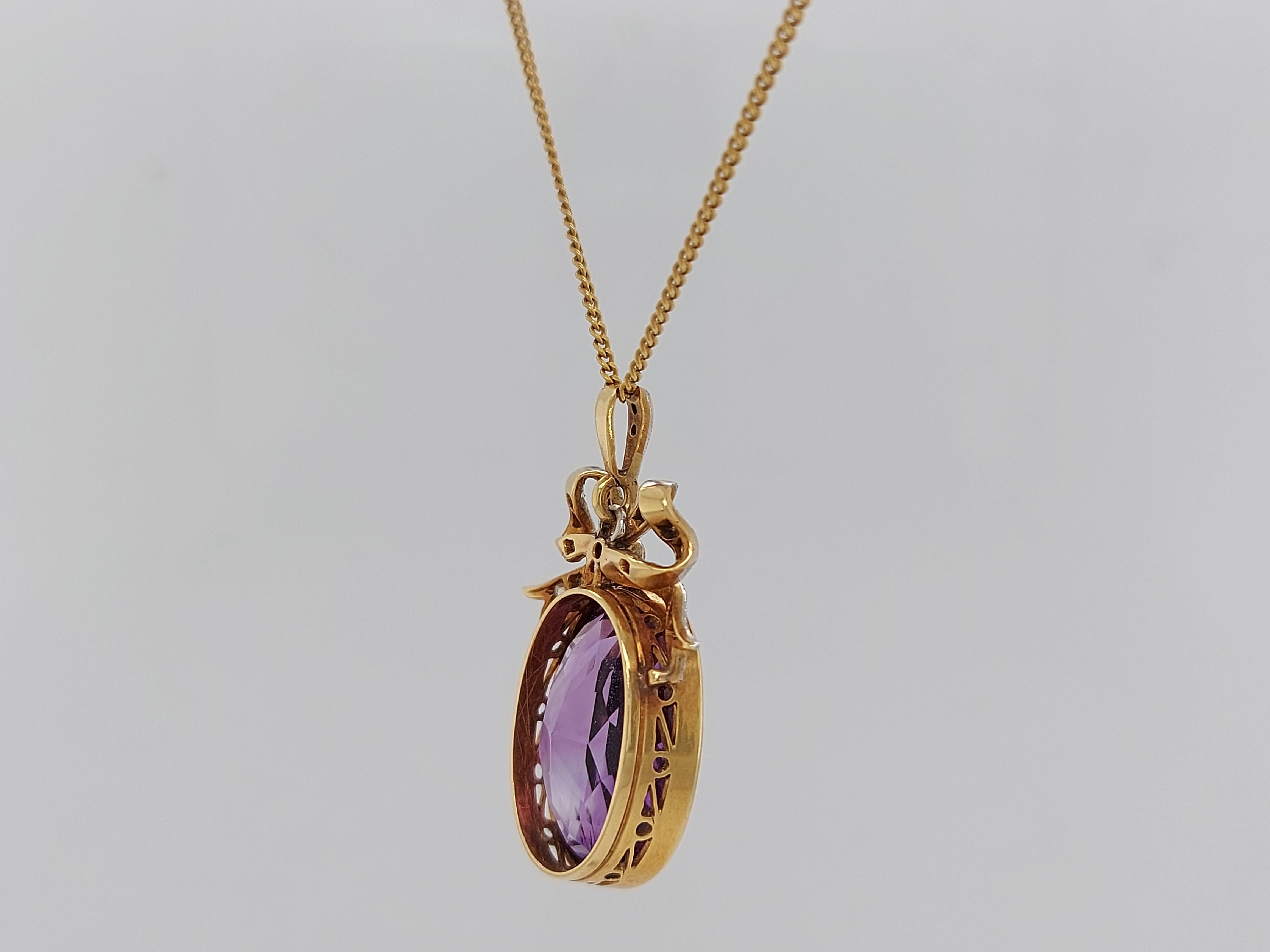 Vintage Yellow Gold Pendant Necklace with Amethyst and Rose Cut Diamonds For Sale 5
