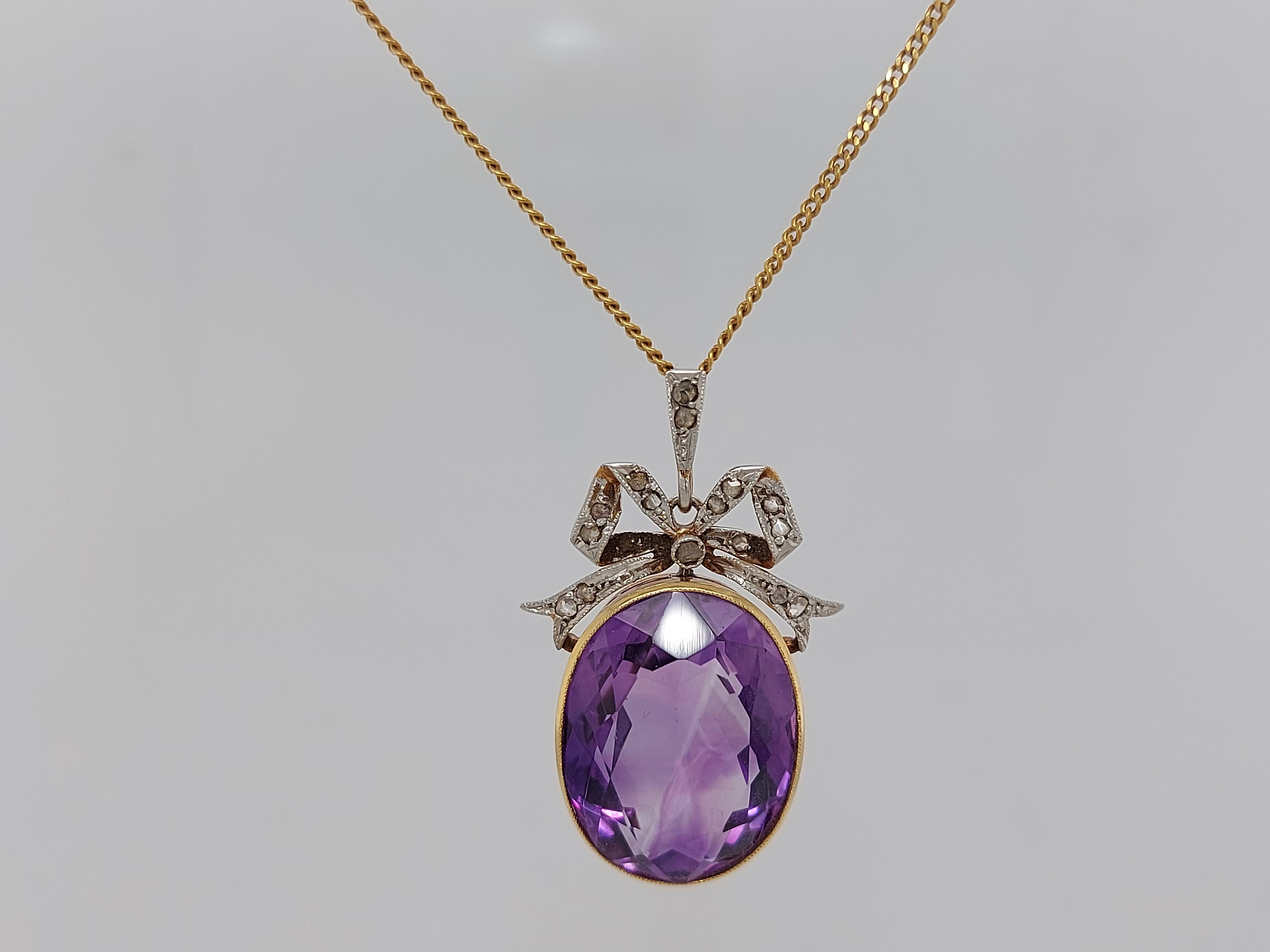 Vintage Yellow Gold Pendant Necklace with Amethyst and Rose Cut Diamonds For Sale 6