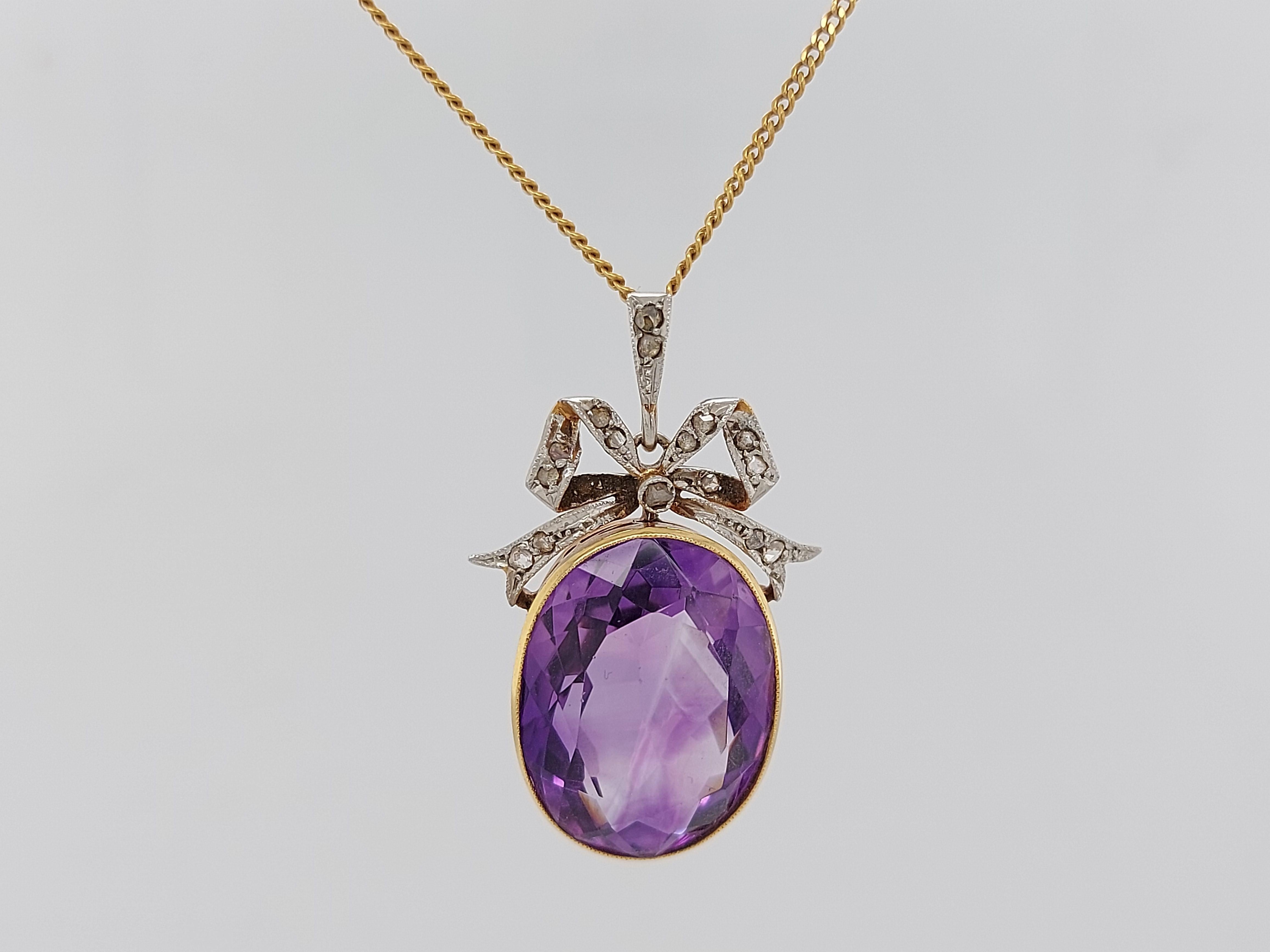 Vintage Yellow Gold Pendant Necklace with Amethyst and Rose Cut Diamonds For Sale 7
