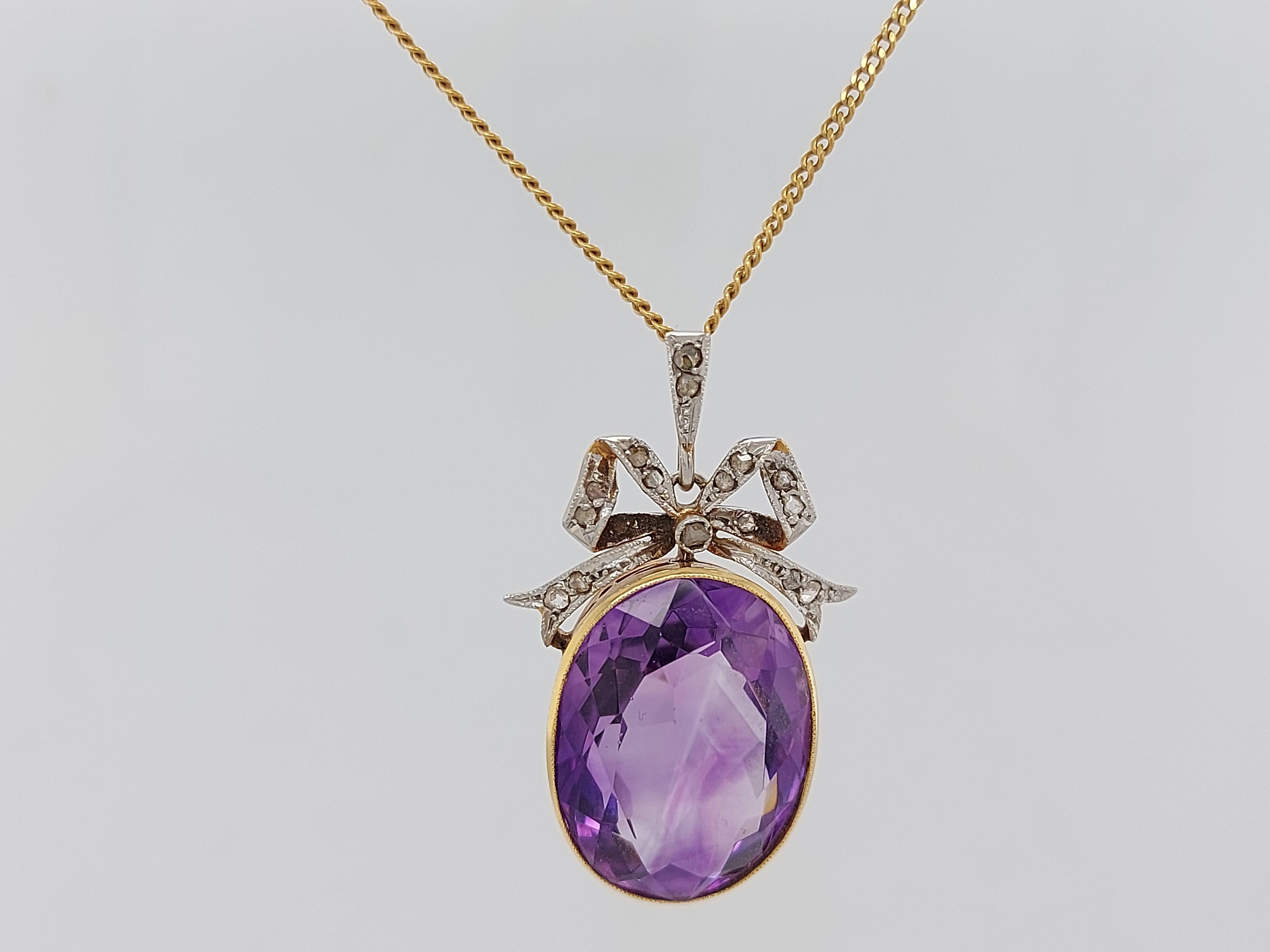 Vintage Yellow Gold Pendant Necklace with Amethyst and Rose Cut Diamonds For Sale 8