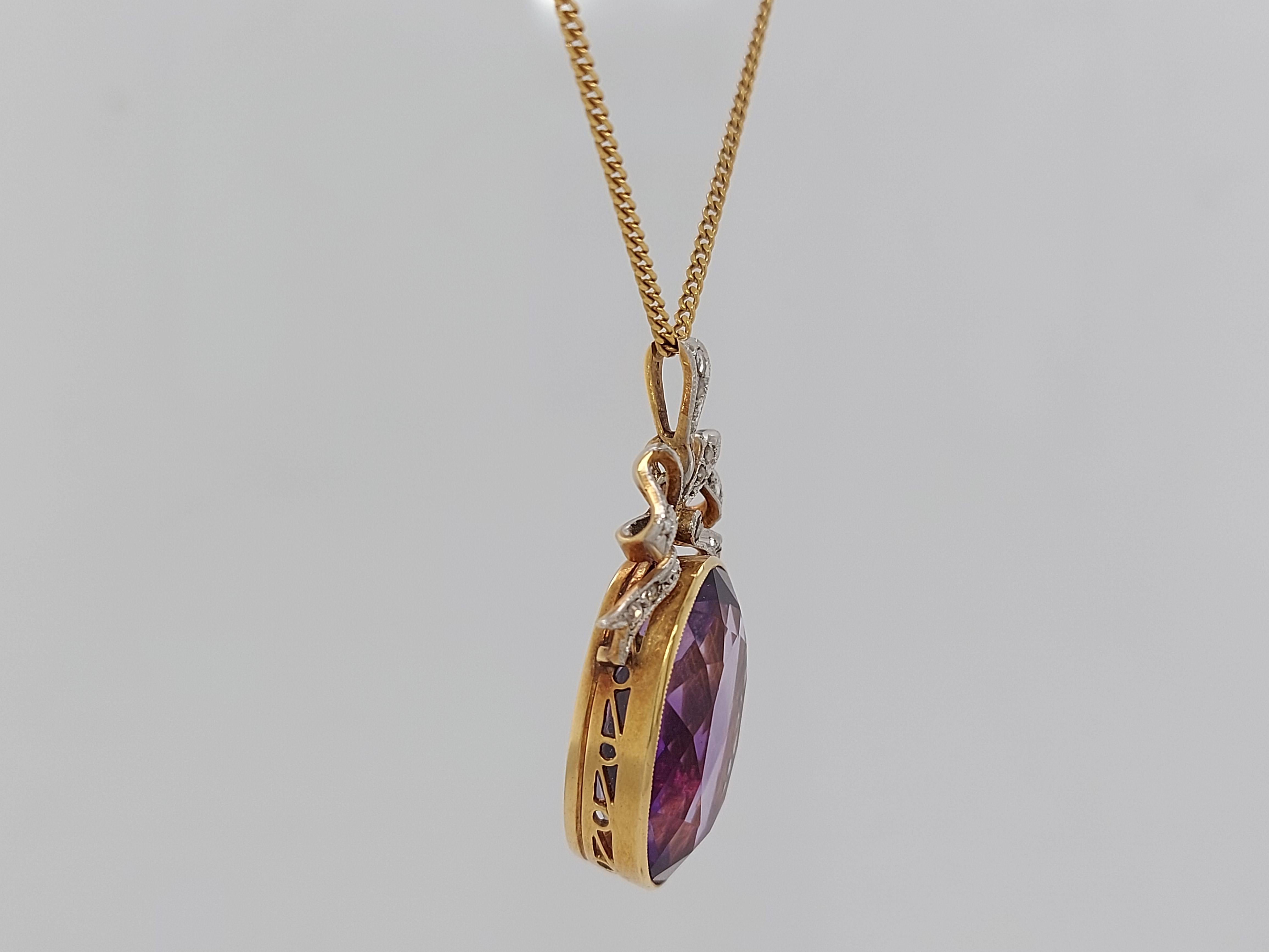 Vintage Yellow Gold Pendant Necklace with Amethyst and Rose Cut Diamonds For Sale 9