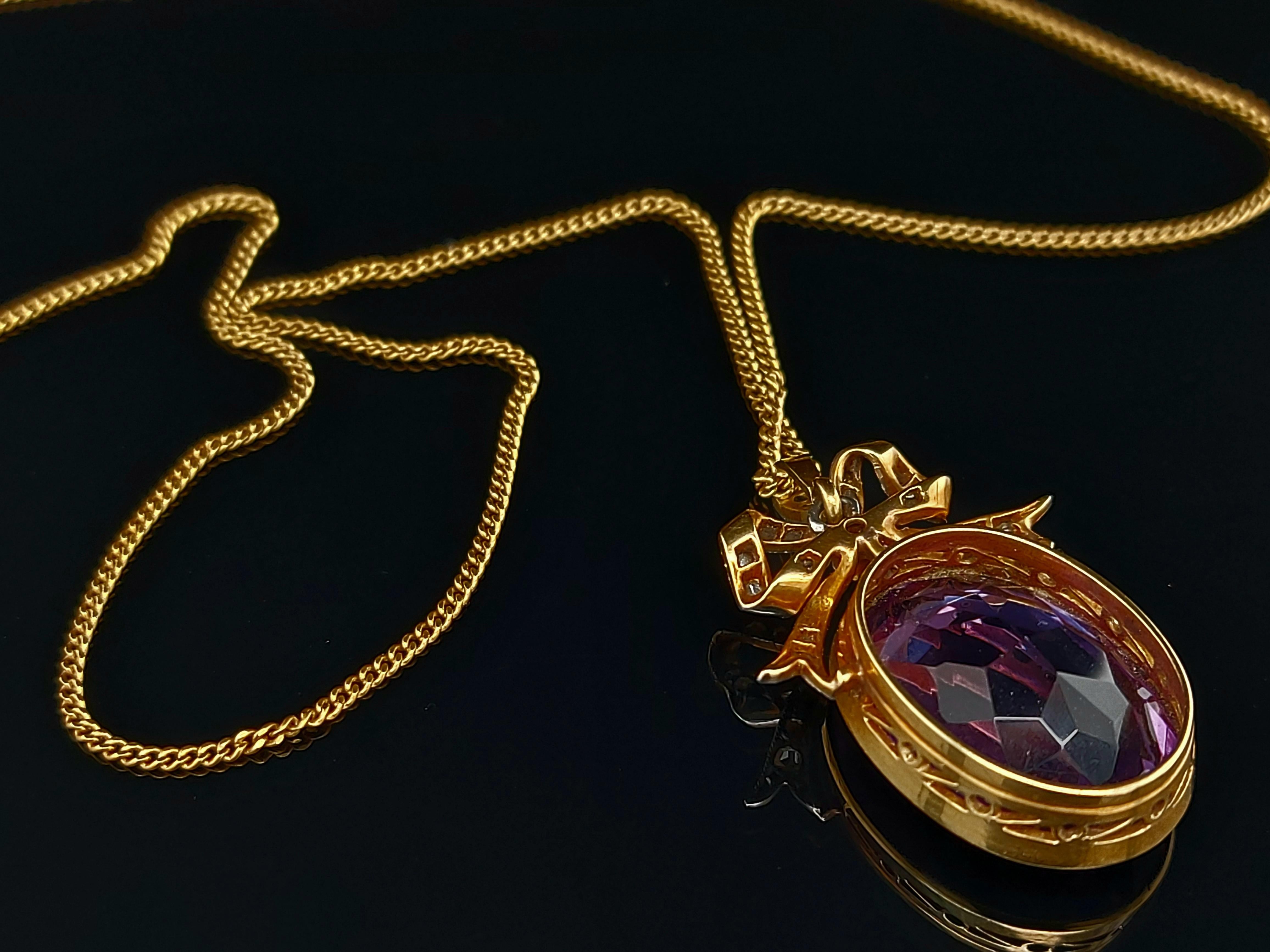Vintage Yellow Gold Pendant Necklace with Amethyst and Rose Cut Diamonds For Sale 10