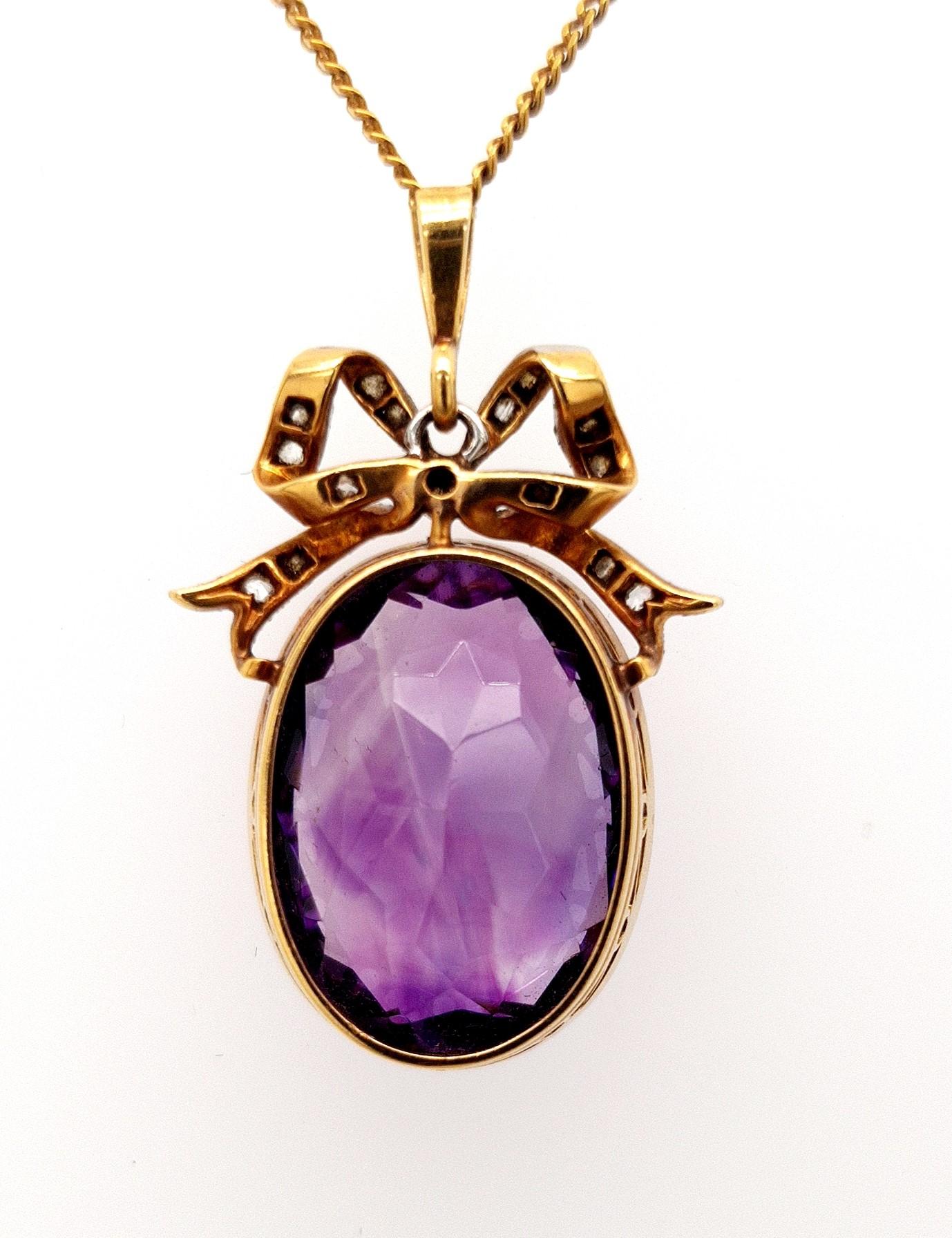 Artisan Vintage Yellow Gold Pendant Necklace with Amethyst and Rose Cut Diamonds For Sale