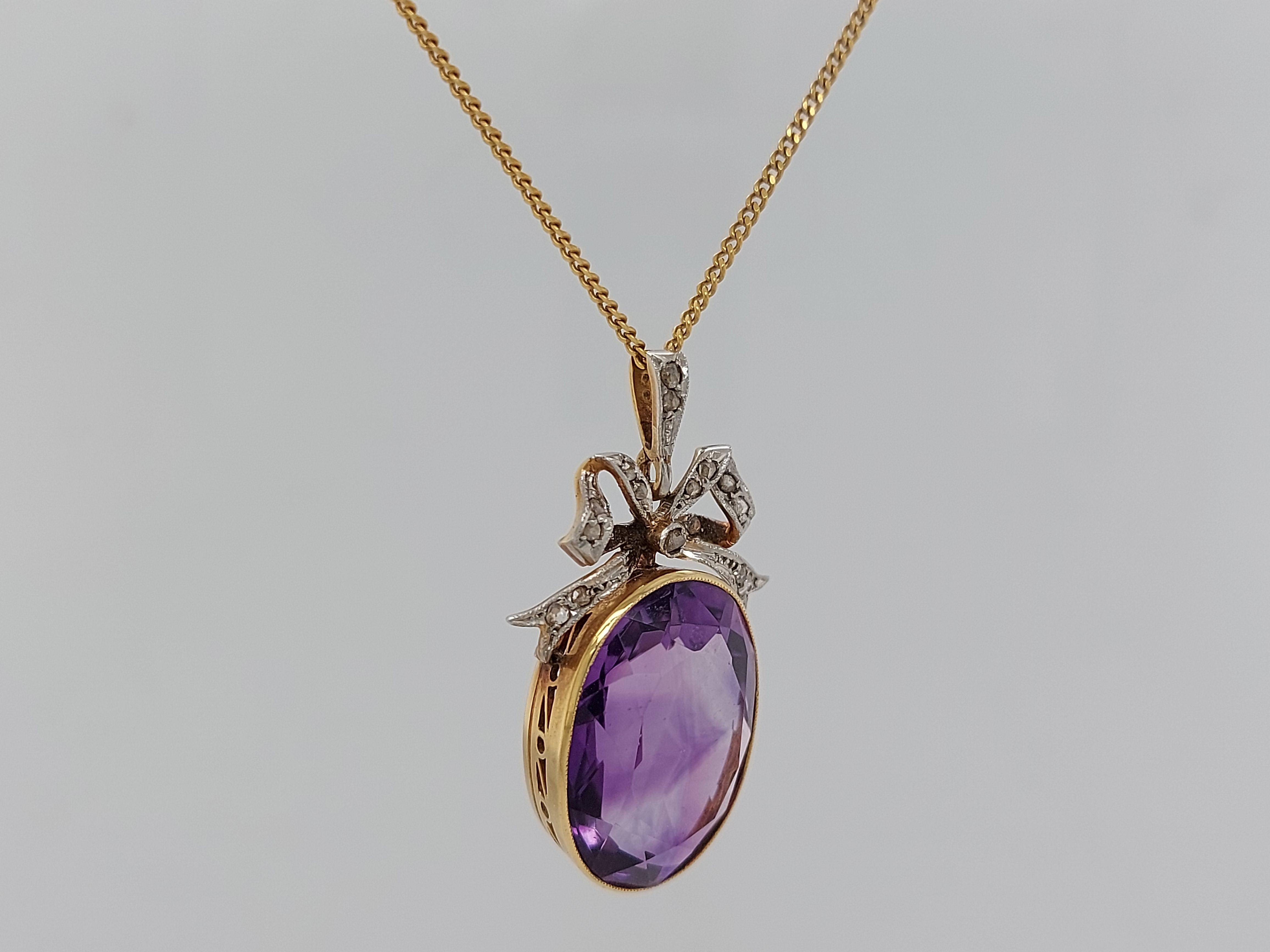 Women's or Men's Vintage Yellow Gold Pendant Necklace with Amethyst and Rose Cut Diamonds For Sale