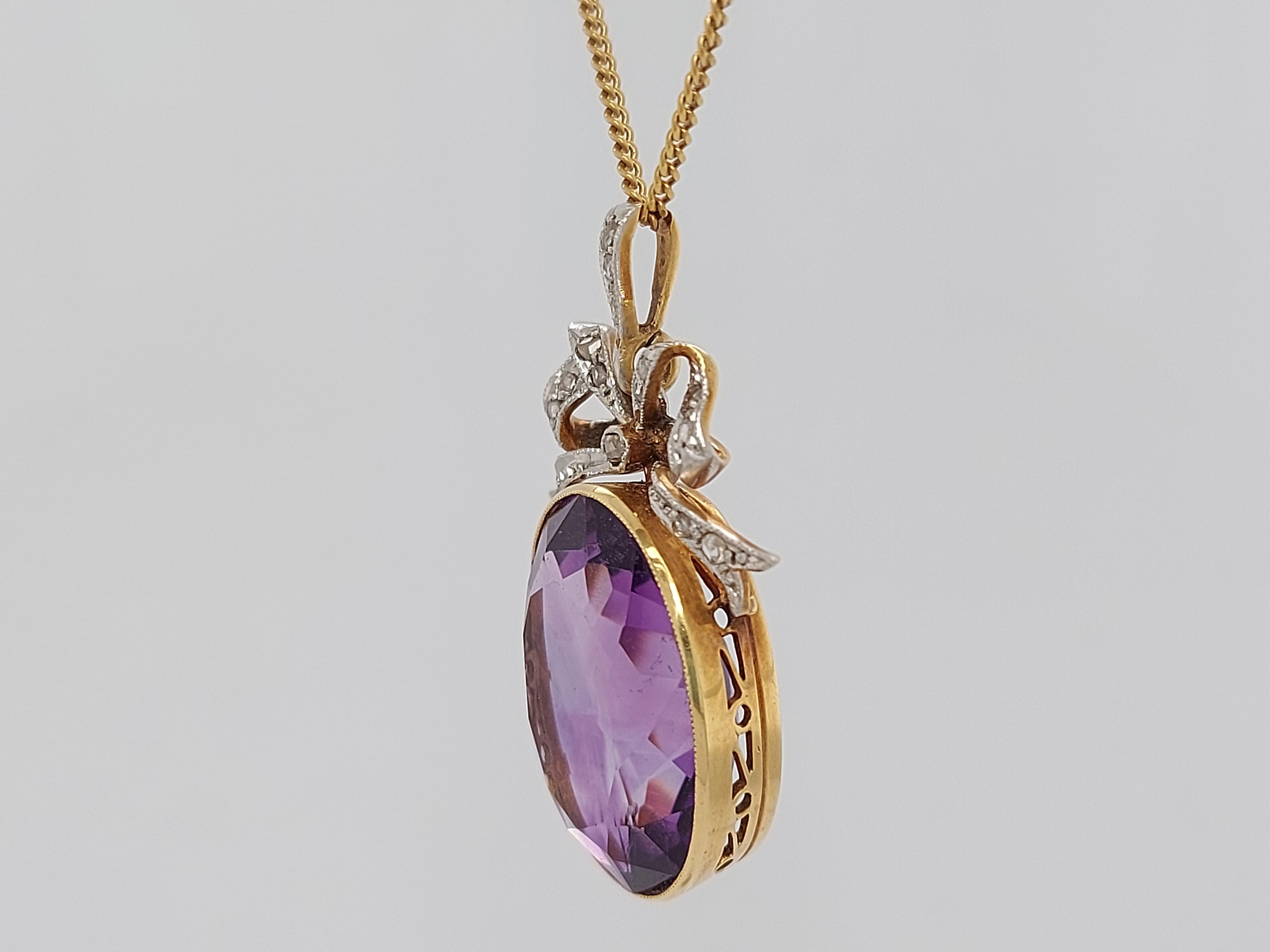 Vintage Yellow Gold Pendant Necklace with Amethyst and Rose Cut Diamonds For Sale 1