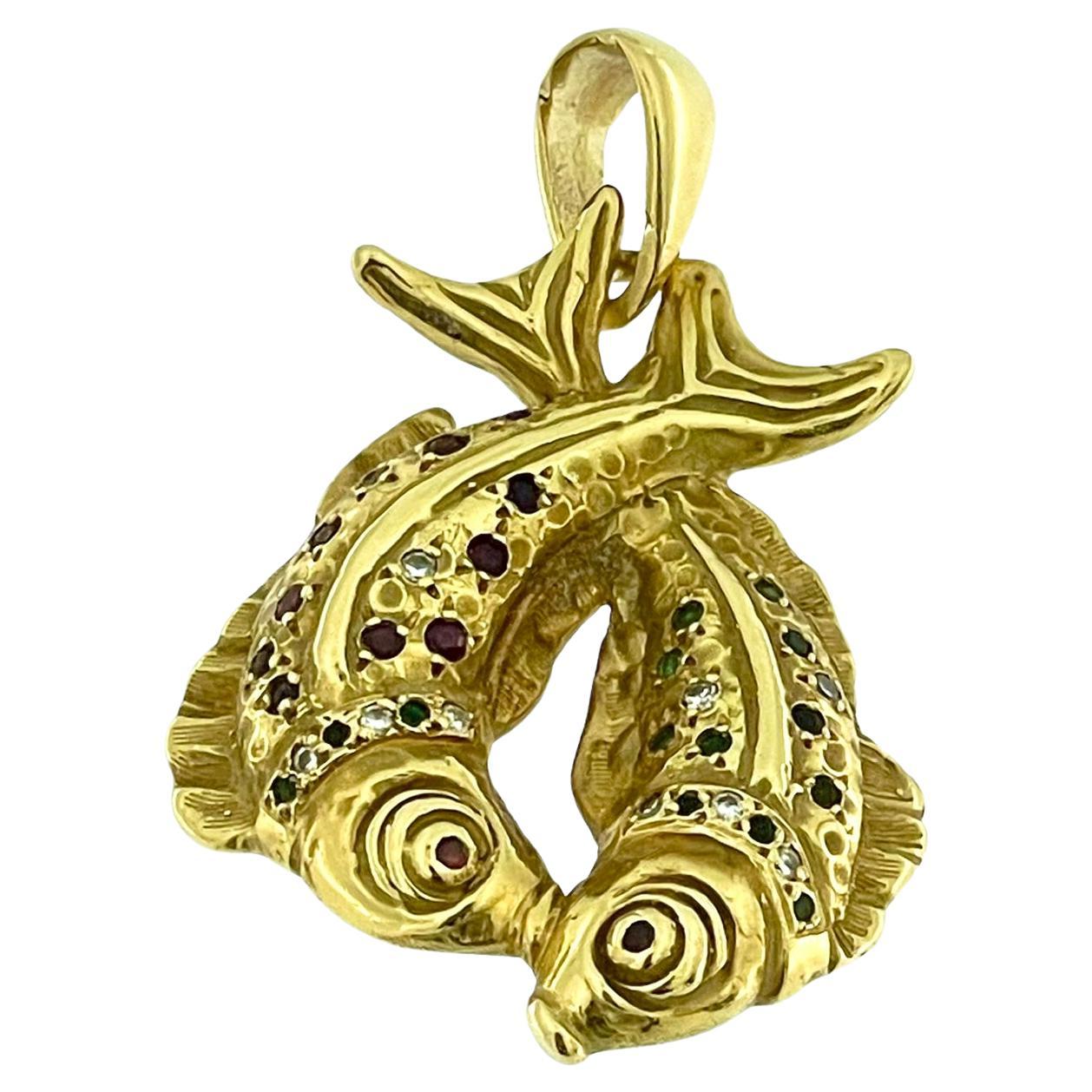 Vintage Yellow Gold Pisces Zodiac Sign Pendant with Gemstones For Sale