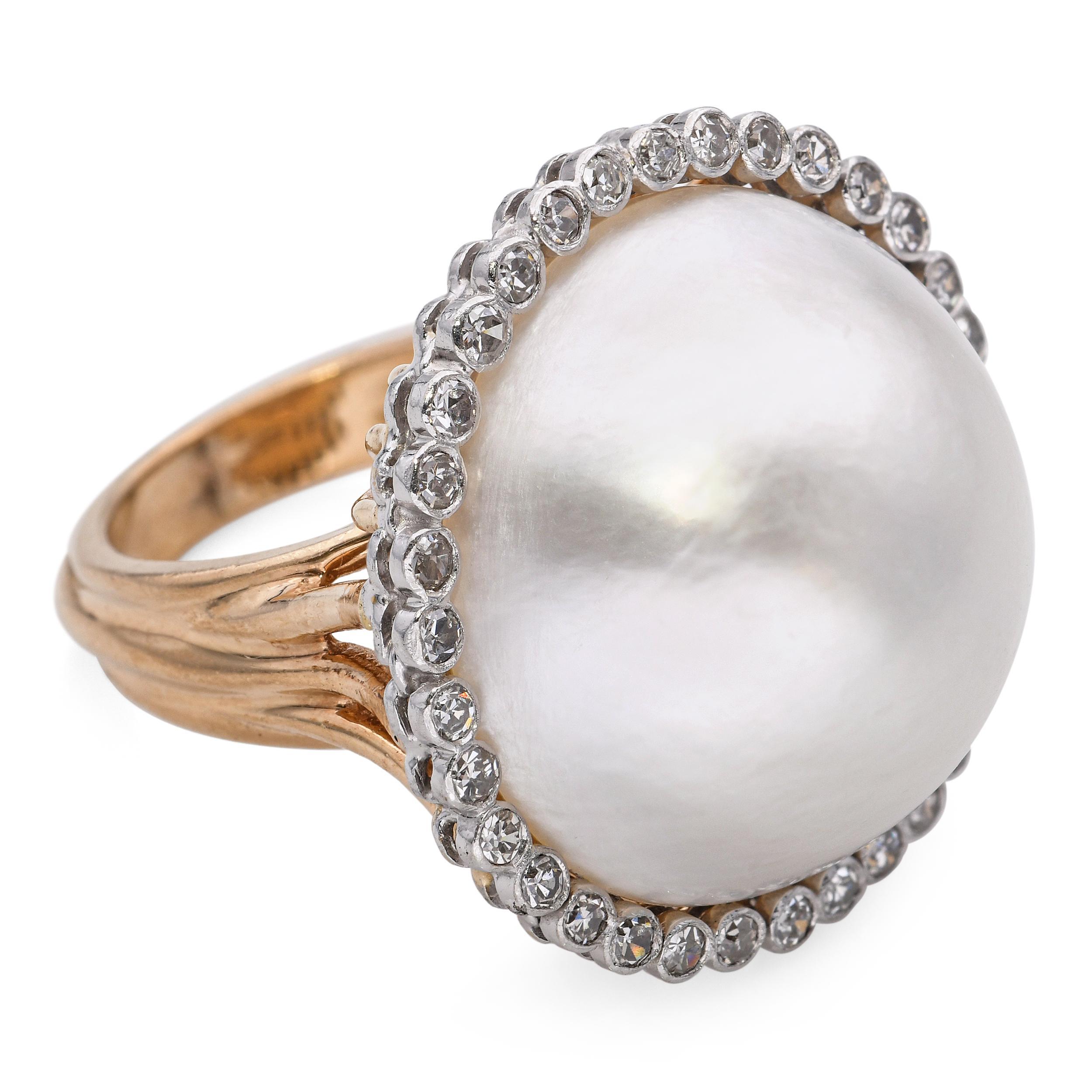 Bague vintage en or jaune et platine avec diamant et perle de Mabe 1