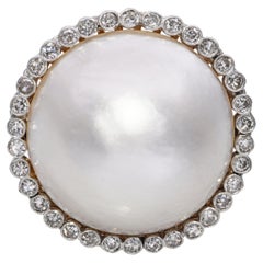 Anello in oro giallo e platino con diamanti e perle Mabe d'epoca