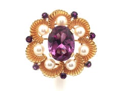 Vintage Yellow Gold Purple Stone Amethyst & Pearl Round Floral Pin Brooch