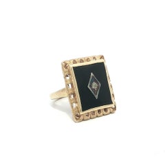 Vintage Yellow Gold Rectangular Black Onyx w/ Diamond Center Platter Dinner Ring