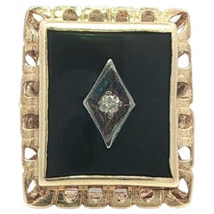 Vintage Yellow Gold Rectangular Black Onyx w/ Diamond Center Platter Dinner Ring