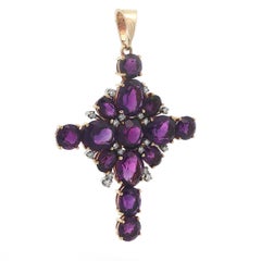 Vintage Yellow Gold Rich Purple Amethyst Diamond Large Enhancer Cross Pendant