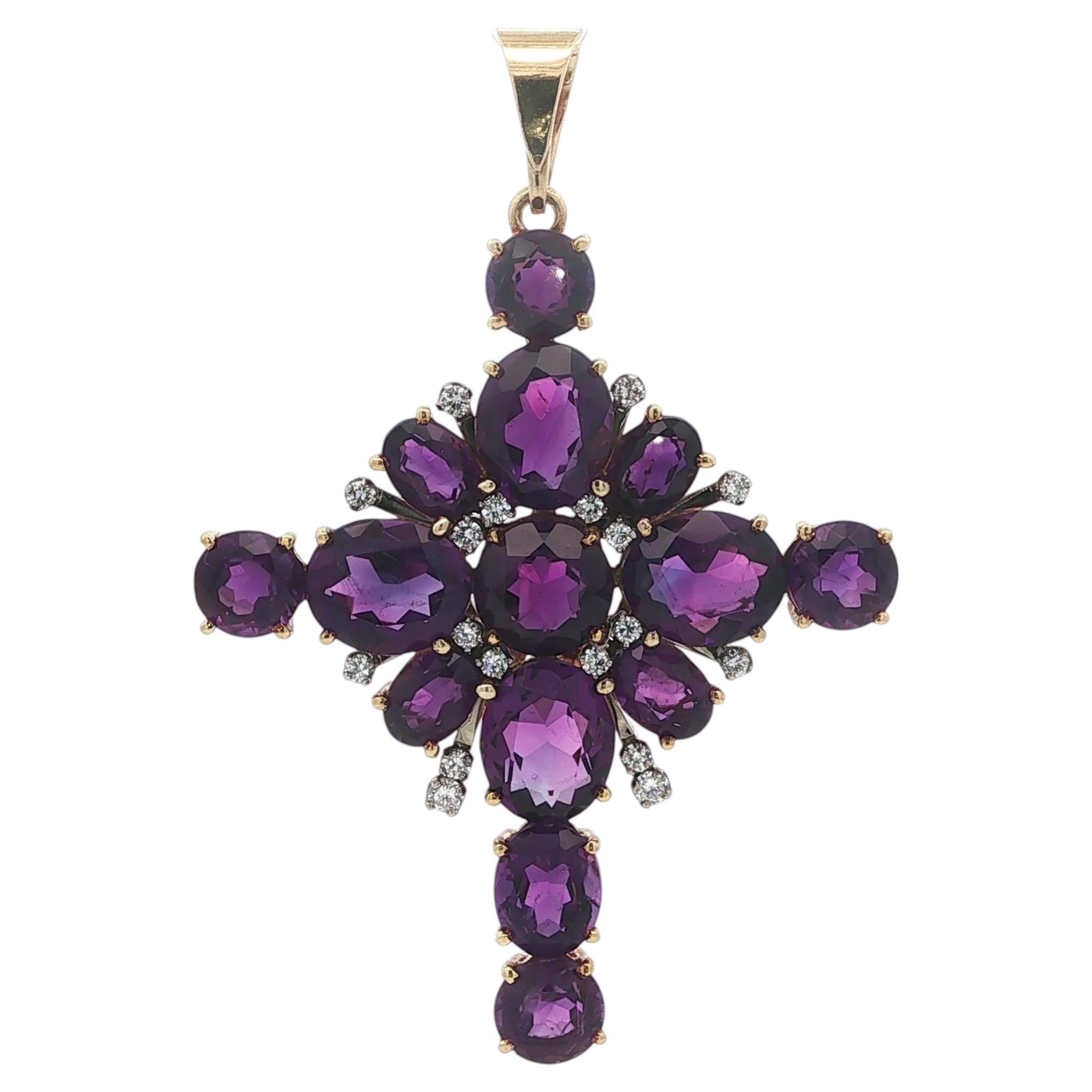 Vintage Gelbgold reich lila Amethyst Diamant große Enhancer Kreuz Anhänger