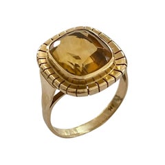 Vintage Yellow Gold Ring with Cushion Cut Natural Quartz, Citrine, USA, ca 1965
