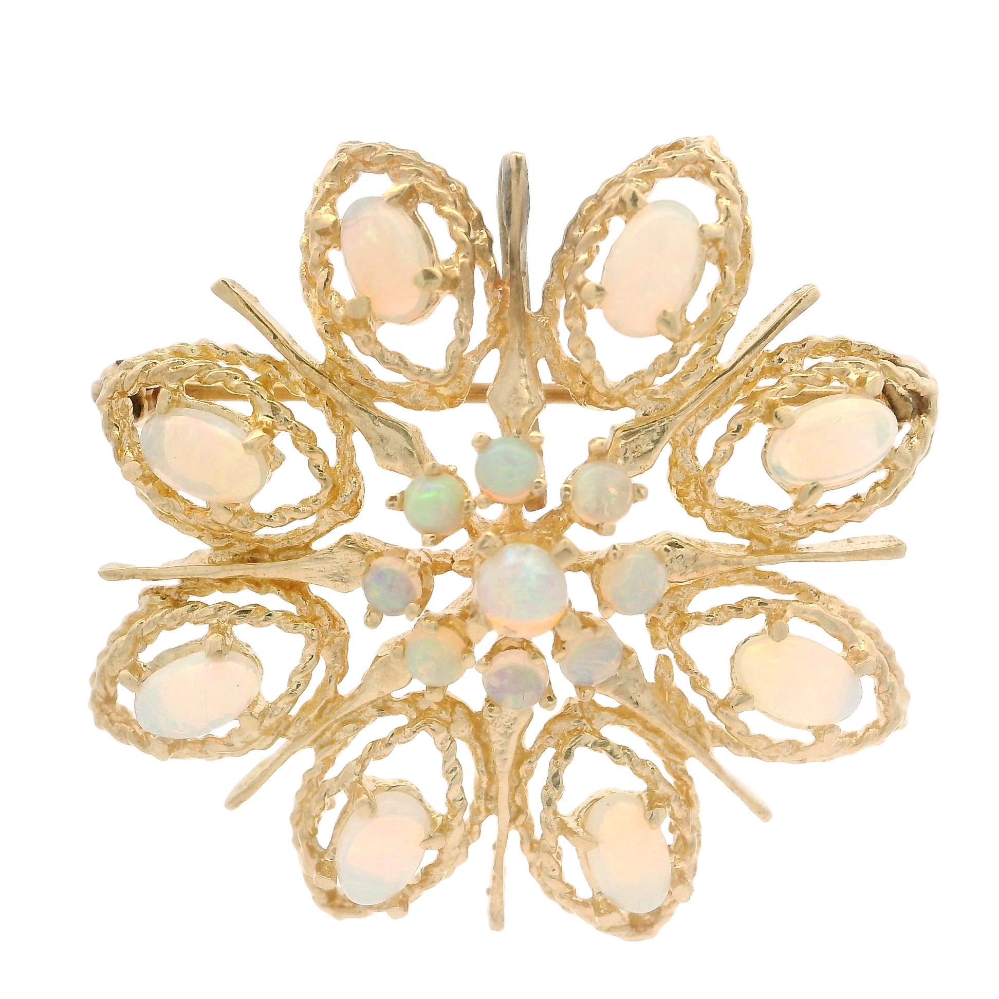 Vintage Yellow Gold Round & Oval Cabochon Opal Floral Pin Brooch Pendant For Sale 1