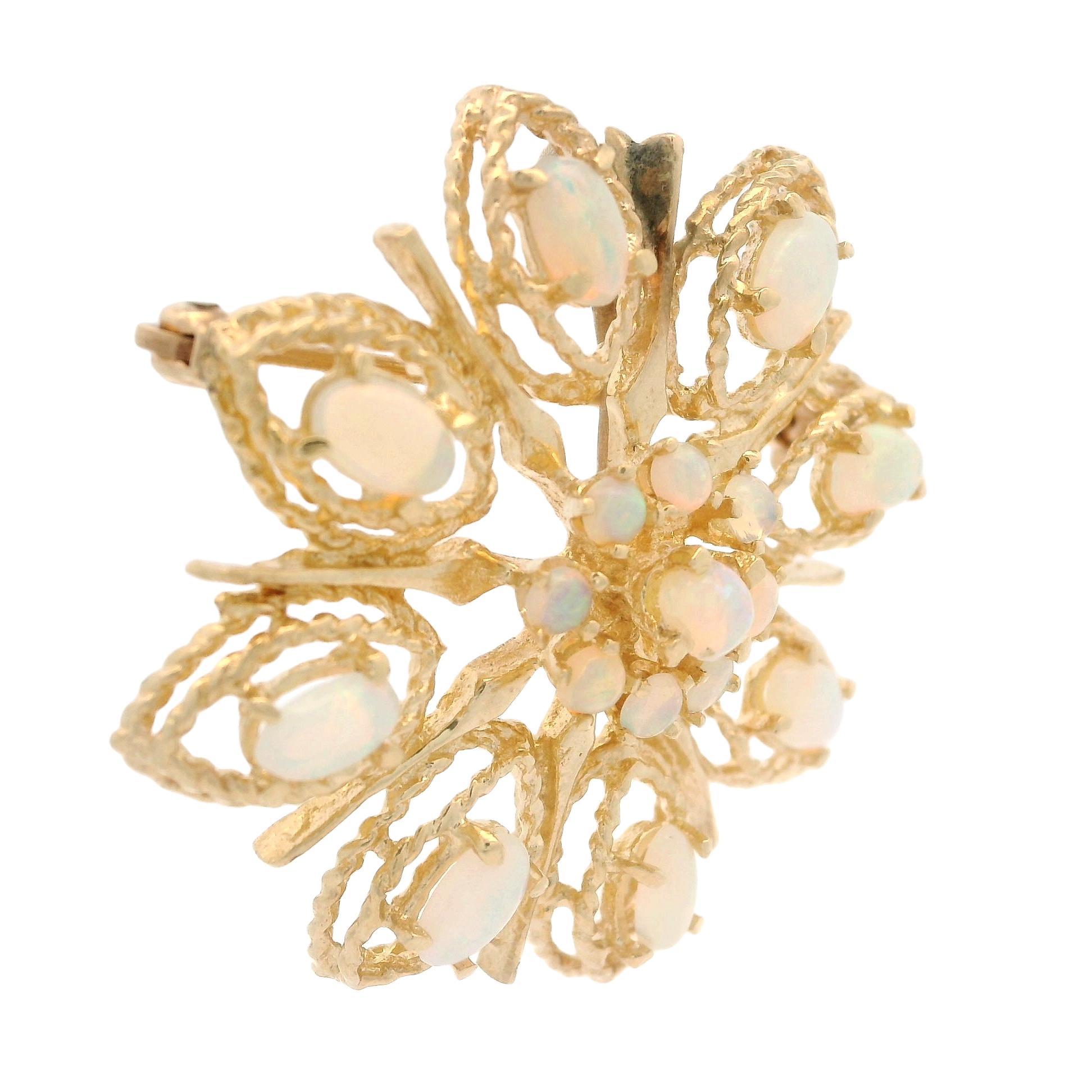 Vintage Yellow Gold Round & Oval Cabochon Opal Floral Pin Brooch Pendant For Sale 2