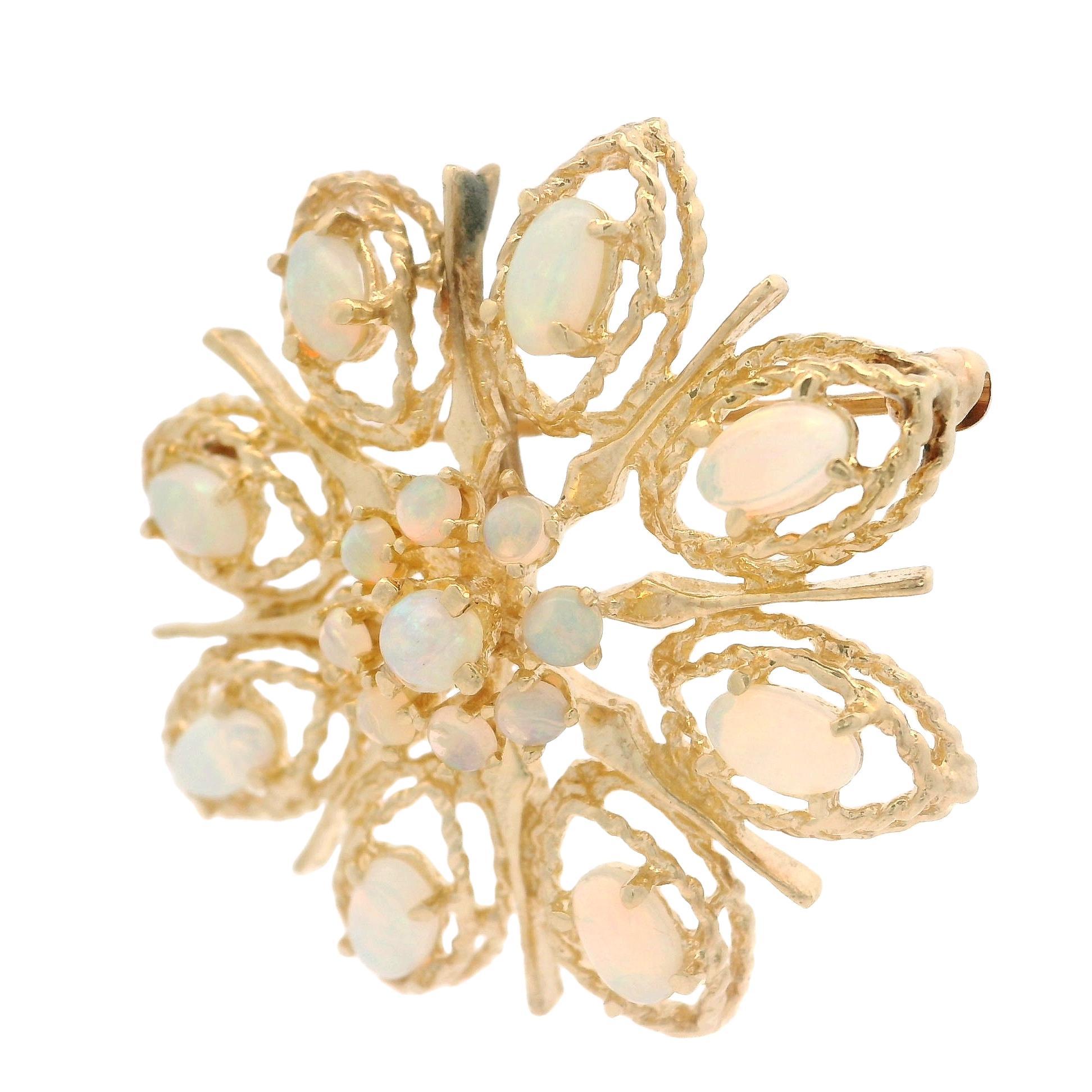 Vintage Yellow Gold Round & Oval Cabochon Opal Floral Pin Brooch Pendant For Sale 3