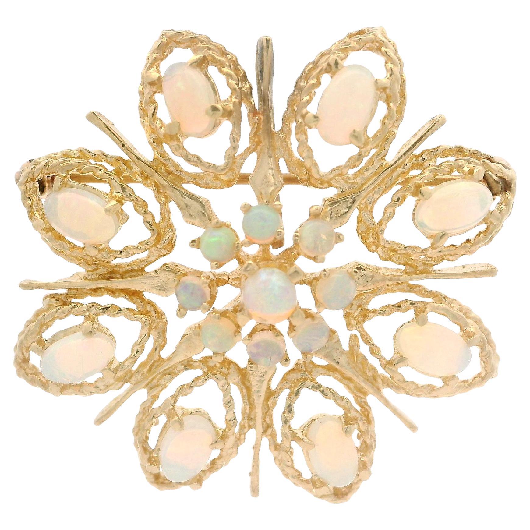 Vintage Yellow Gold Round & Oval Cabochon Opal Floral Pin Brooch Pendant