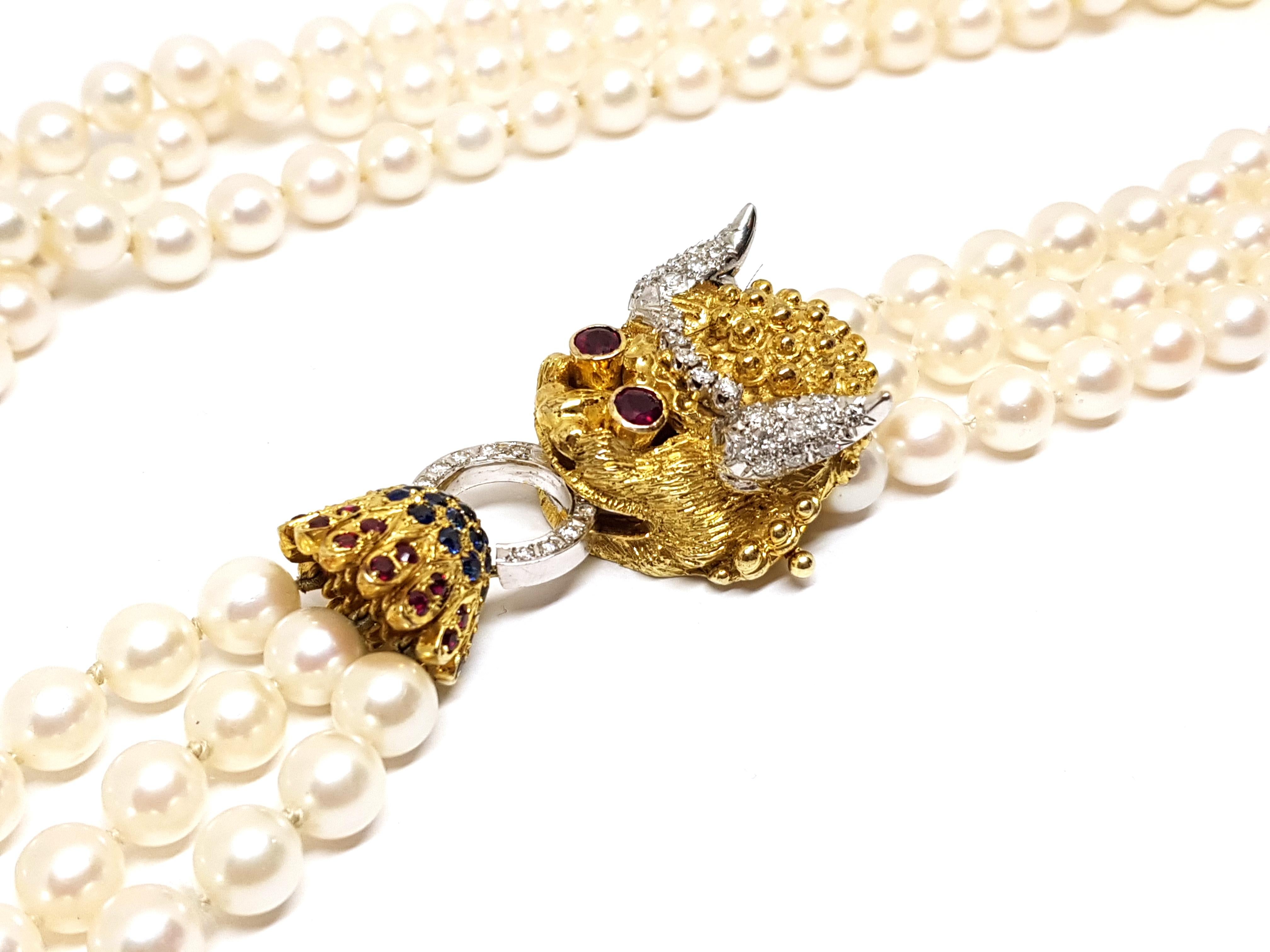 Yellow Gold Ruby Sapphire Diamond Akoya Pearl Asian Chinese Dragon Necklace For Sale 3