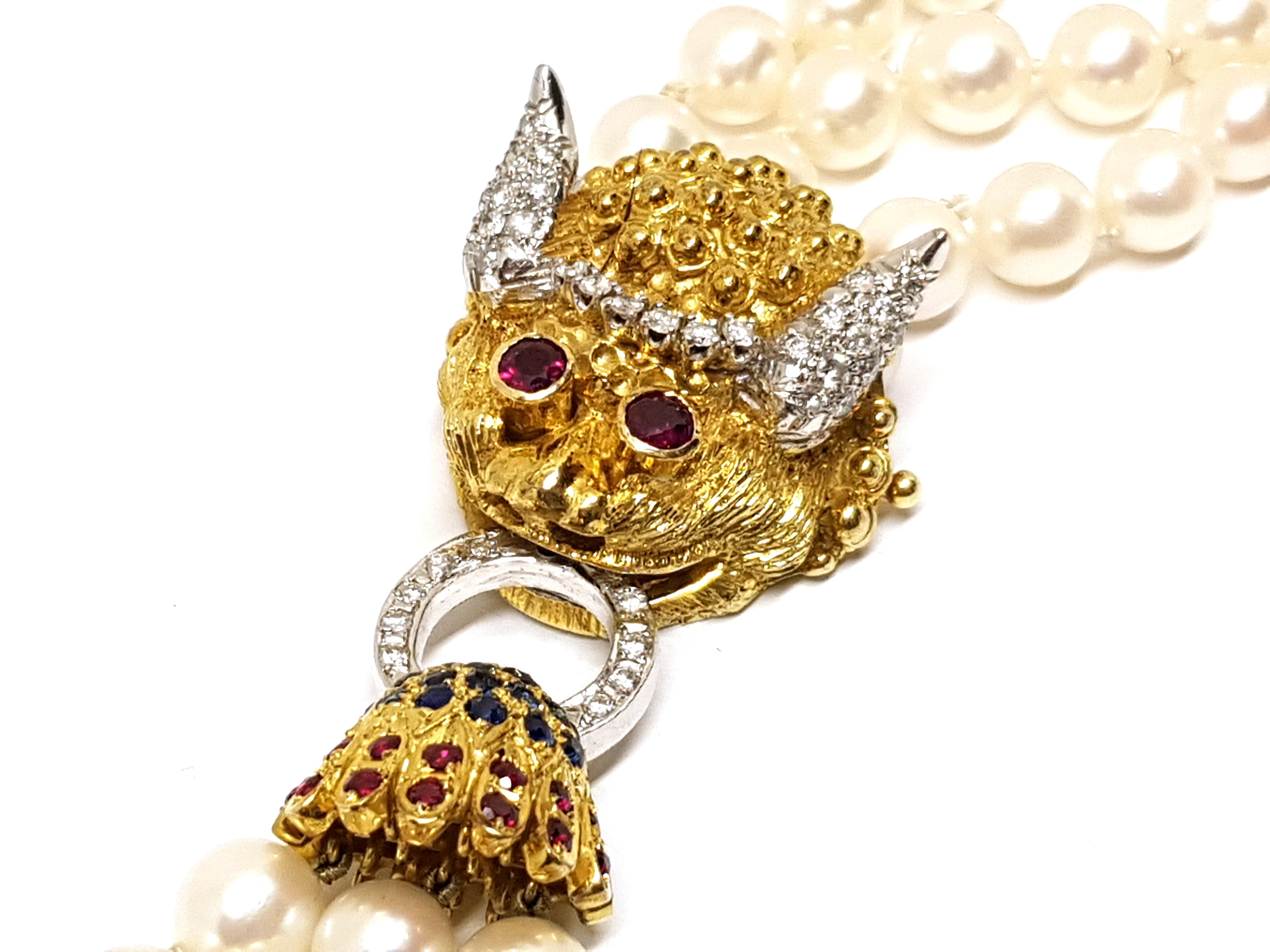 Yellow Gold Ruby Sapphire Diamond Akoya Pearl Asian Chinese Dragon Necklace For Sale 6