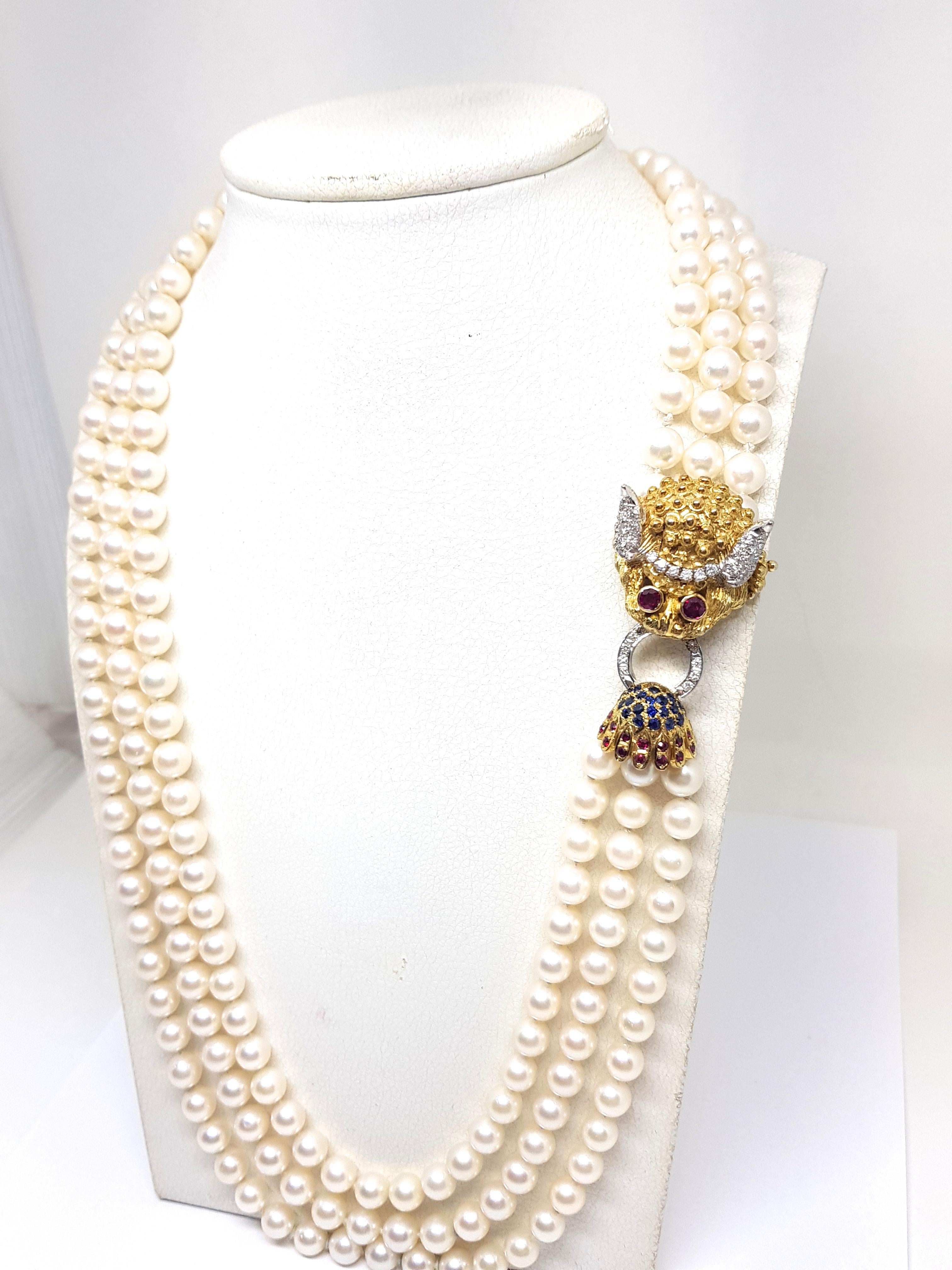 Yellow Gold Ruby Sapphire Diamond Akoya Pearl Asian Chinese Dragon Necklace For Sale 9