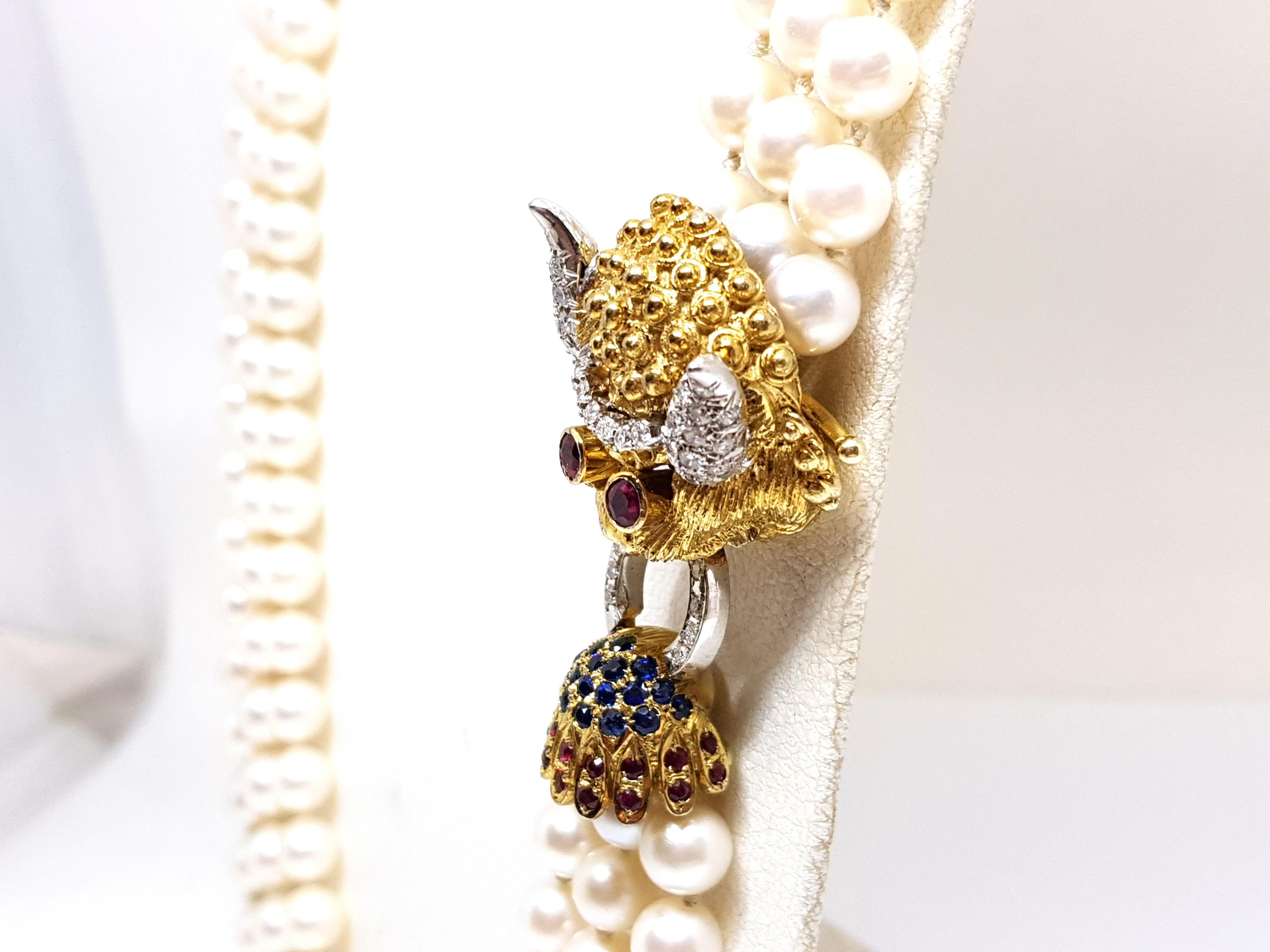 Women's Yellow Gold Ruby Sapphire Diamond Akoya Pearl Asian Chinese Dragon Necklace For Sale