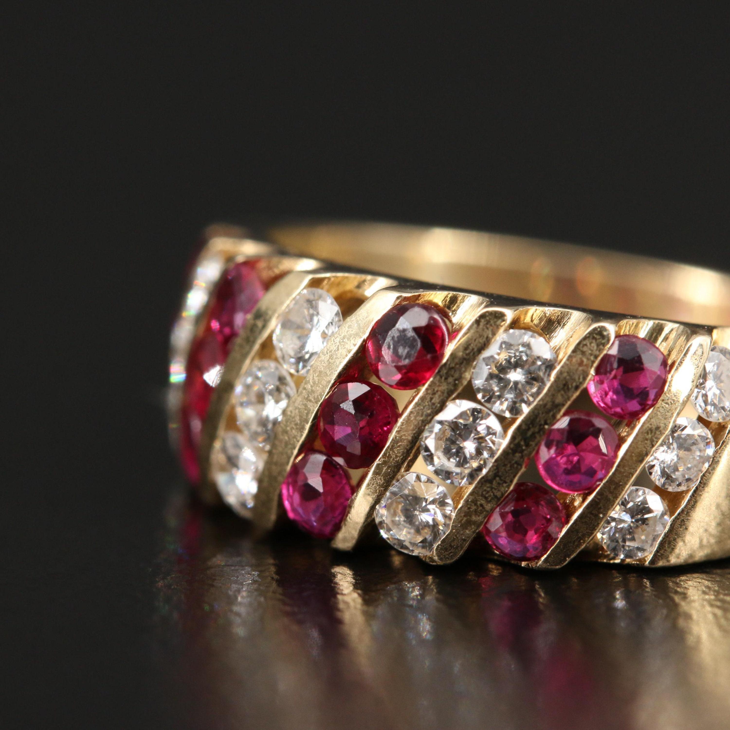 For Sale:  Vintage Yellow Gold Ruby Wedding Band, Minimalist Ruby Diamond Engagement Ring 5