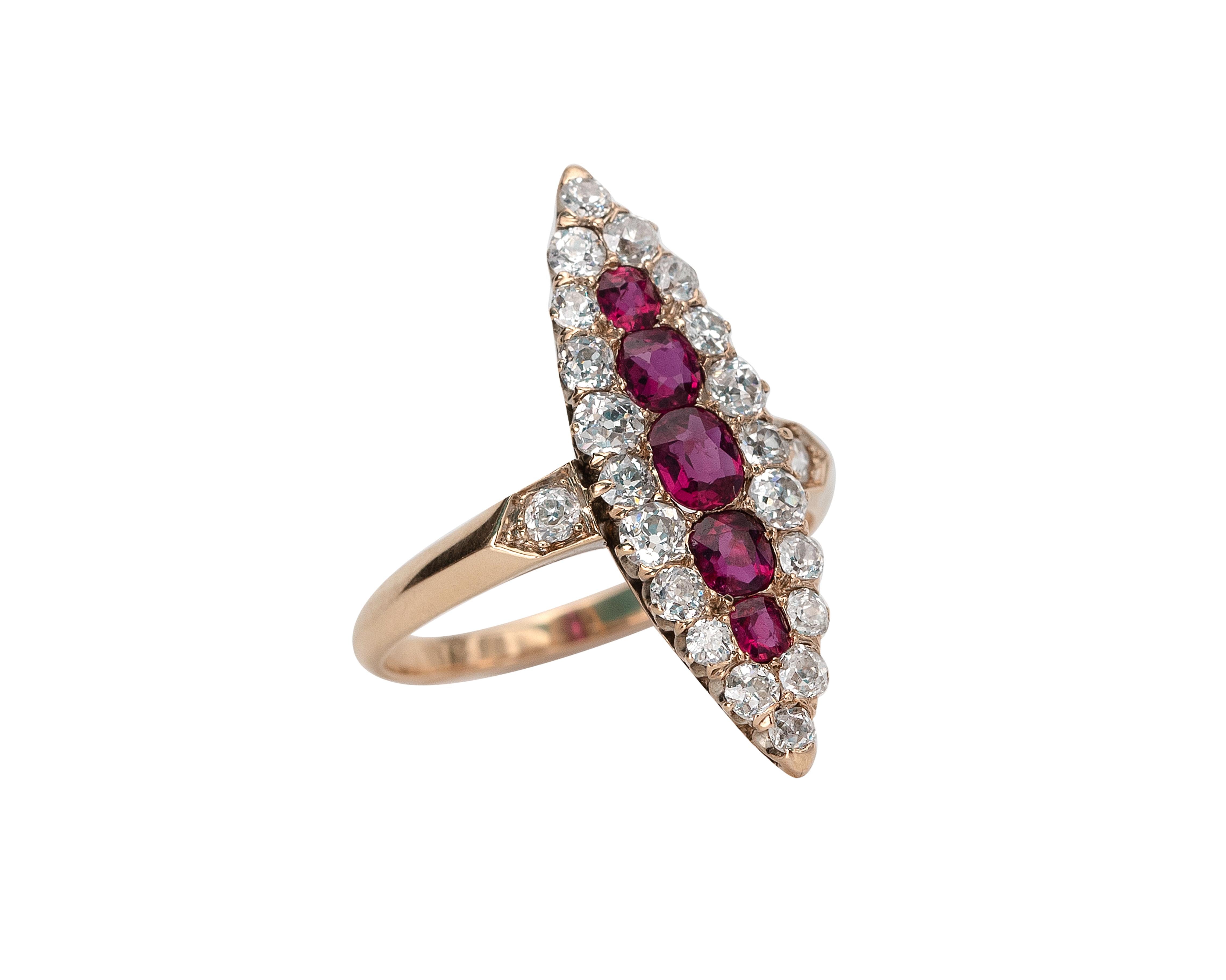 Late Victorian Vintage Yellow Gold Ruby with Diamonds Antique Navette Ring