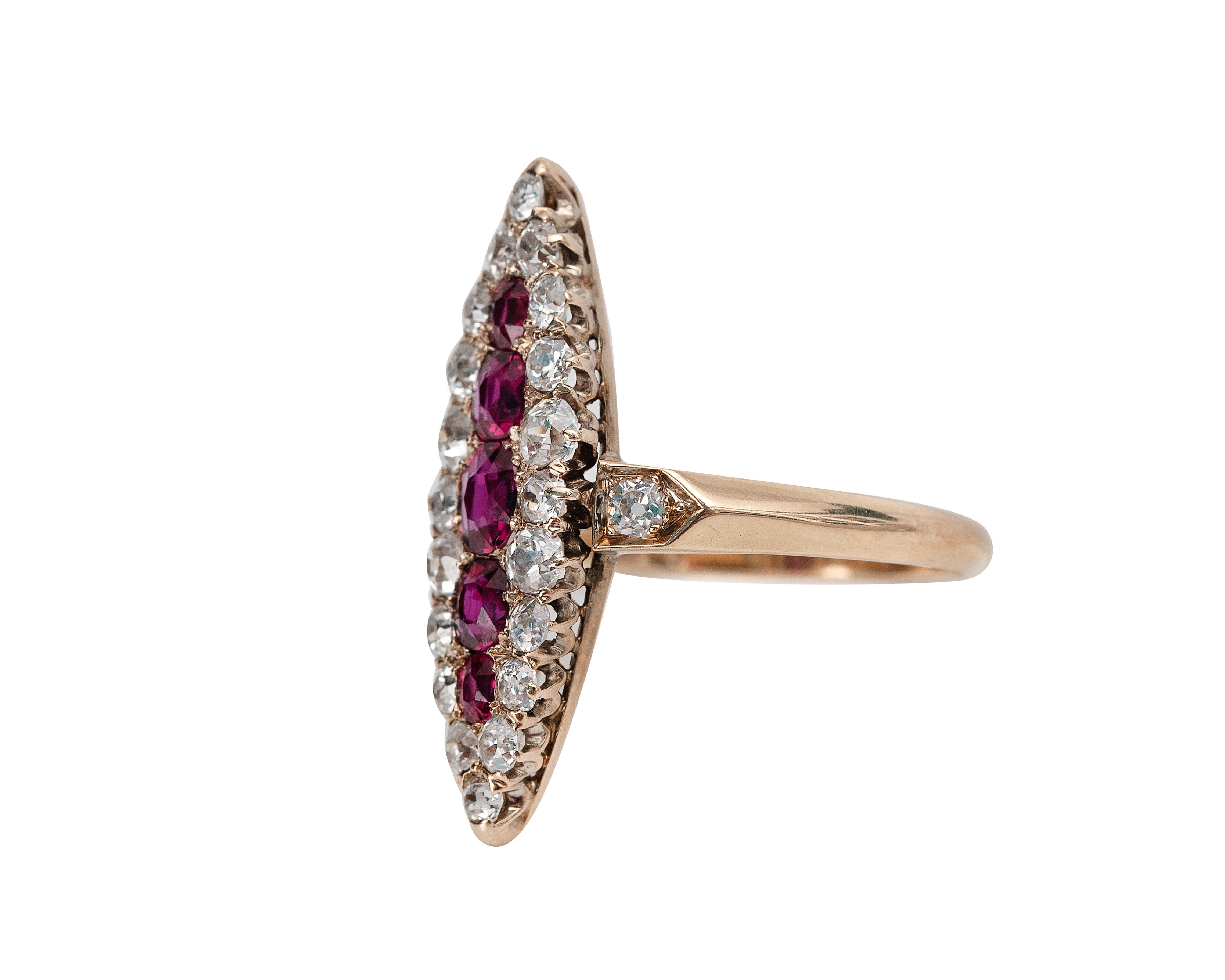 Old Mine Cut Vintage Yellow Gold Ruby with Diamonds Antique Navette Ring