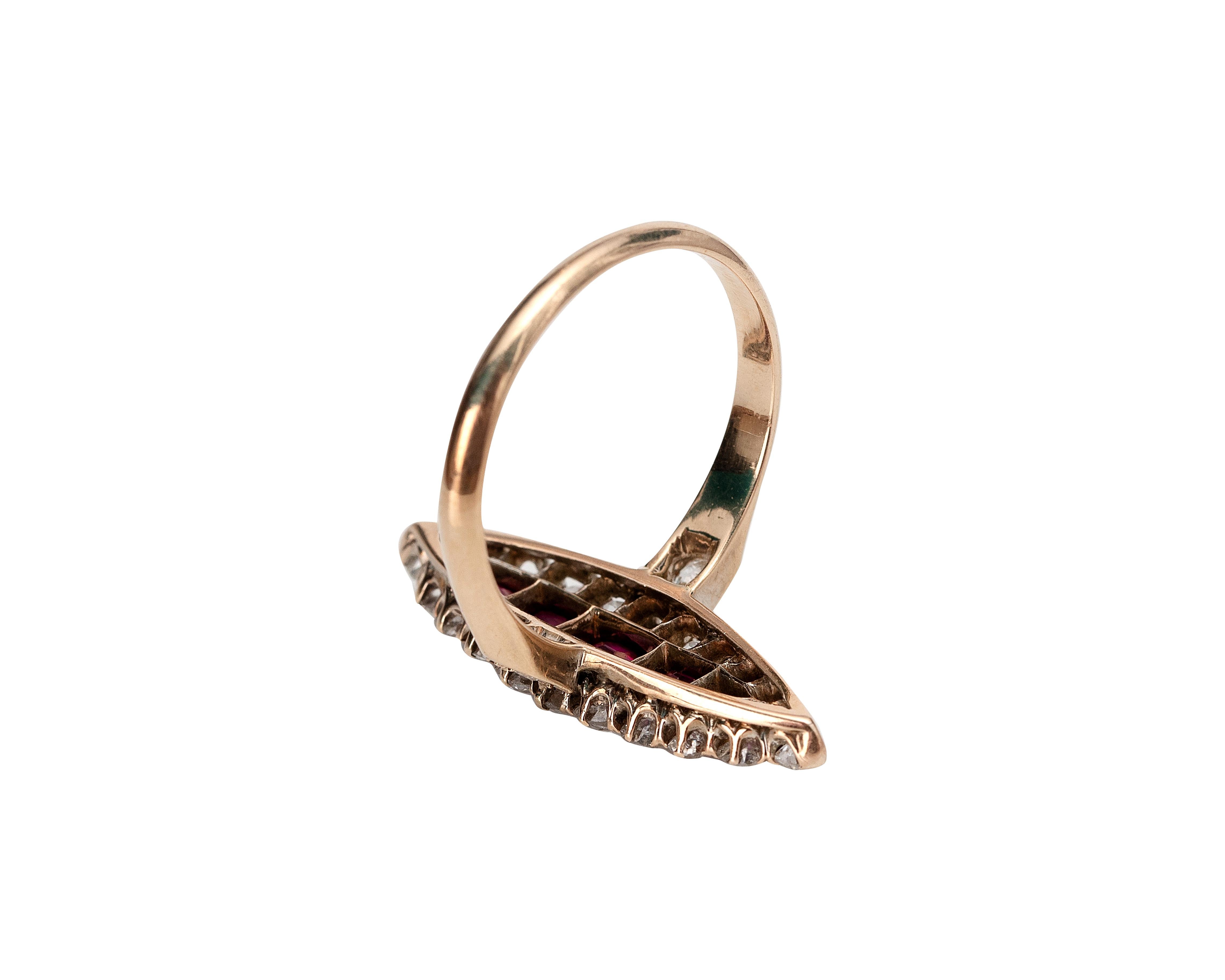 Vintage Yellow Gold Ruby with Diamonds Antique Navette Ring In Good Condition In Addison, TX