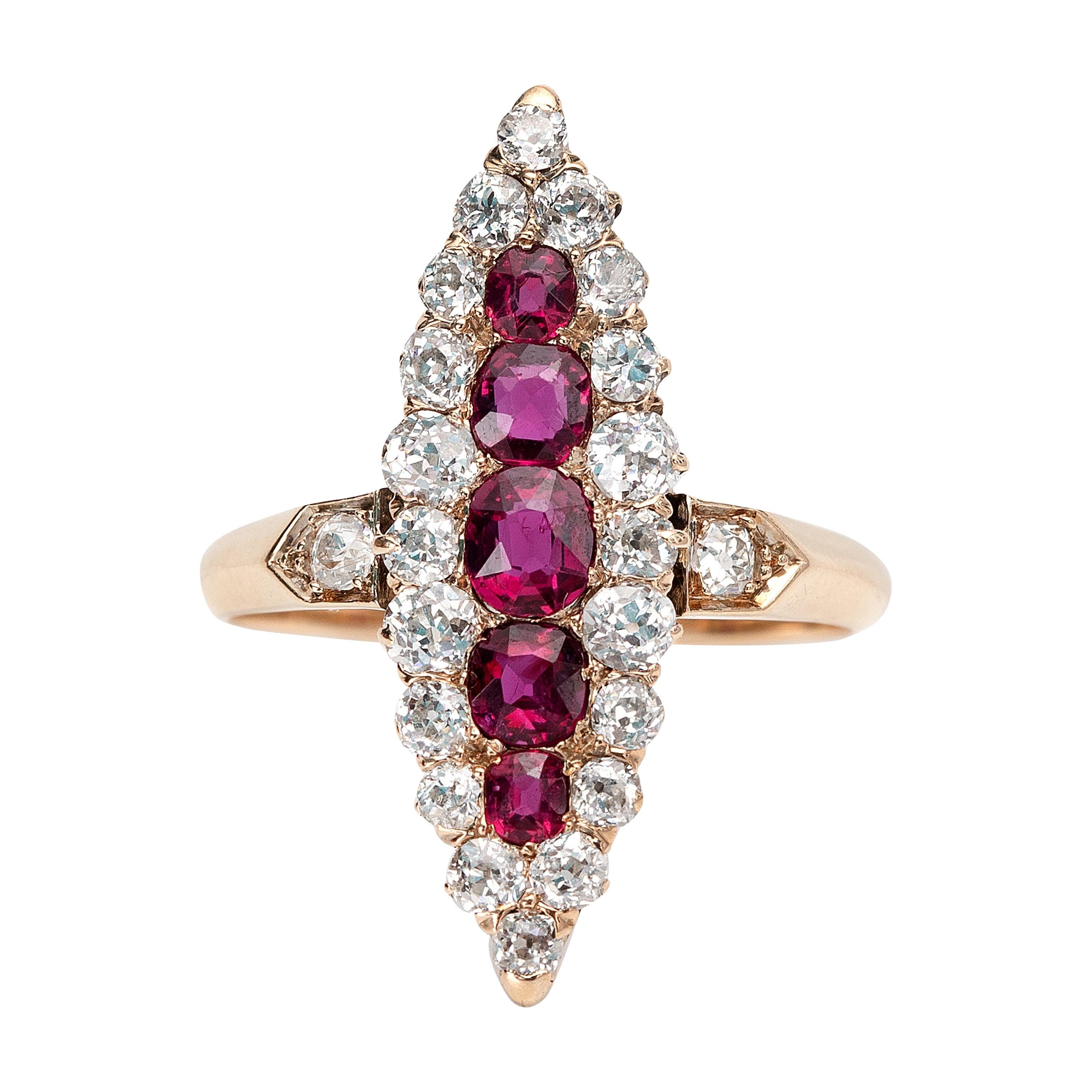 Vintage Yellow Gold Ruby with Diamonds Antique Navette Ring
