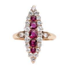 Vintage Yellow Gold Ruby with Diamonds Antique Navette Ring