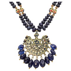 Vintage Yellow Gold Sapphire and Diamond Enamel Pendant Necklace