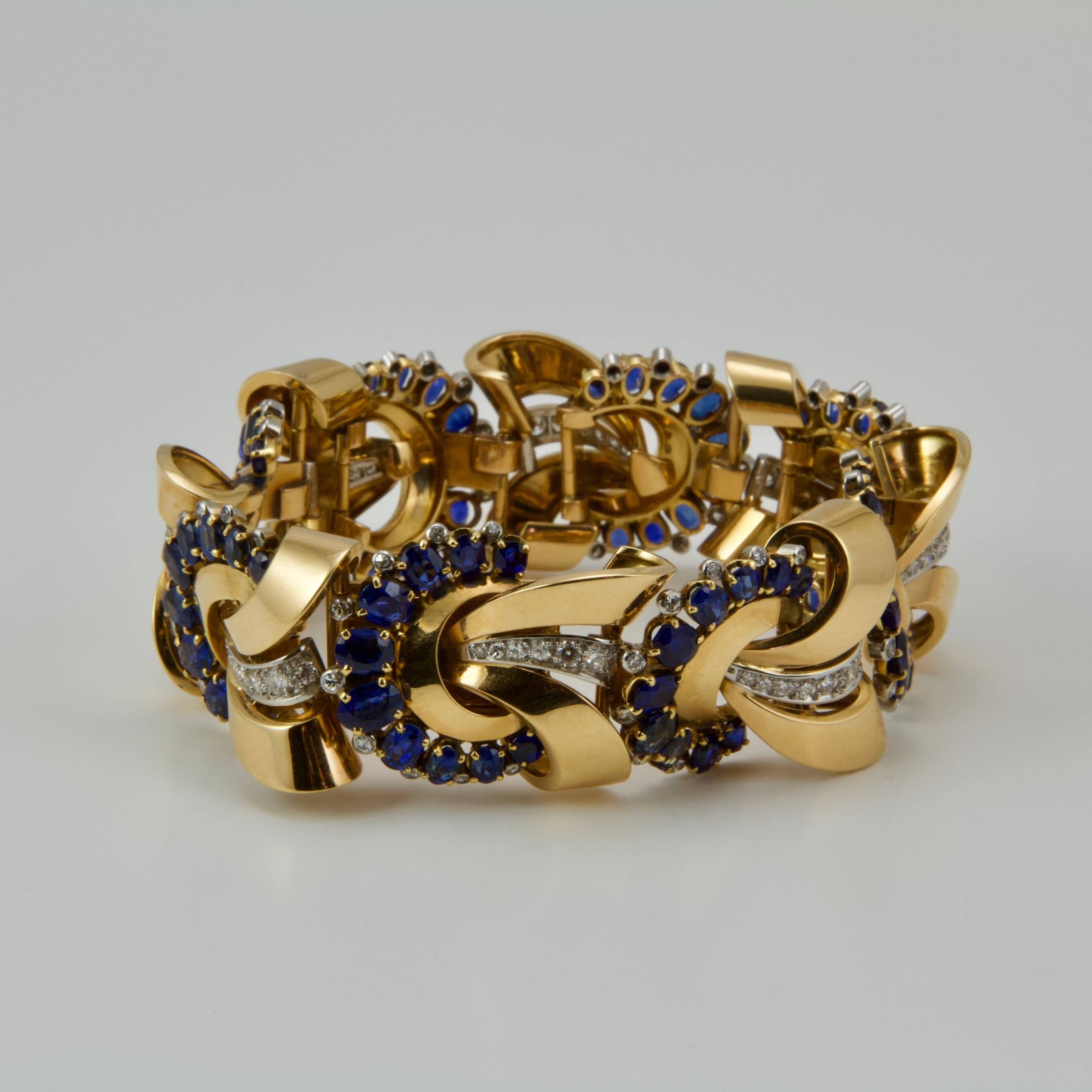  Yellow Gold Sapphires and Diamonds Bracelet circa 1950 4
