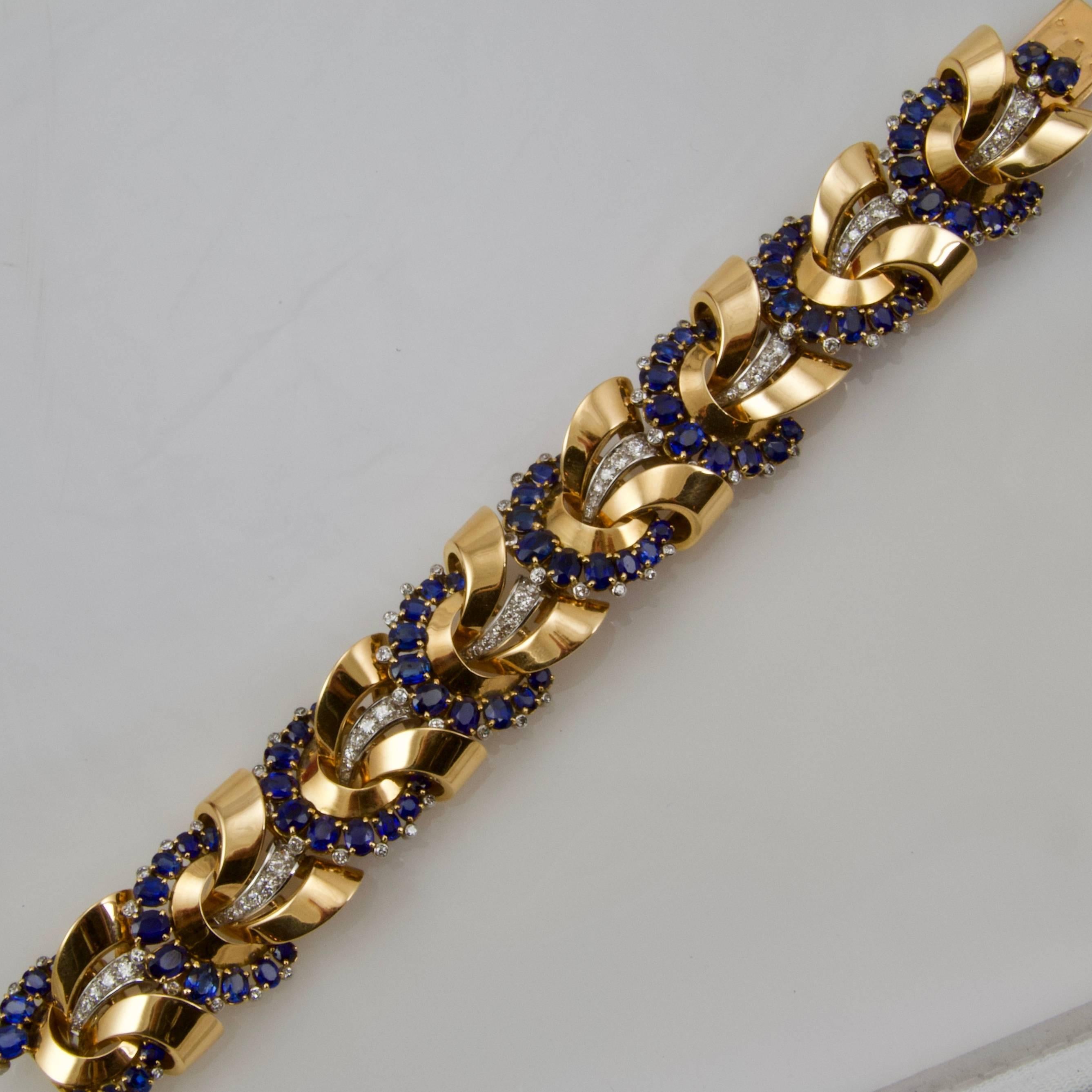 Modern  Yellow Gold Sapphires and Diamonds Bracelet circa 1950