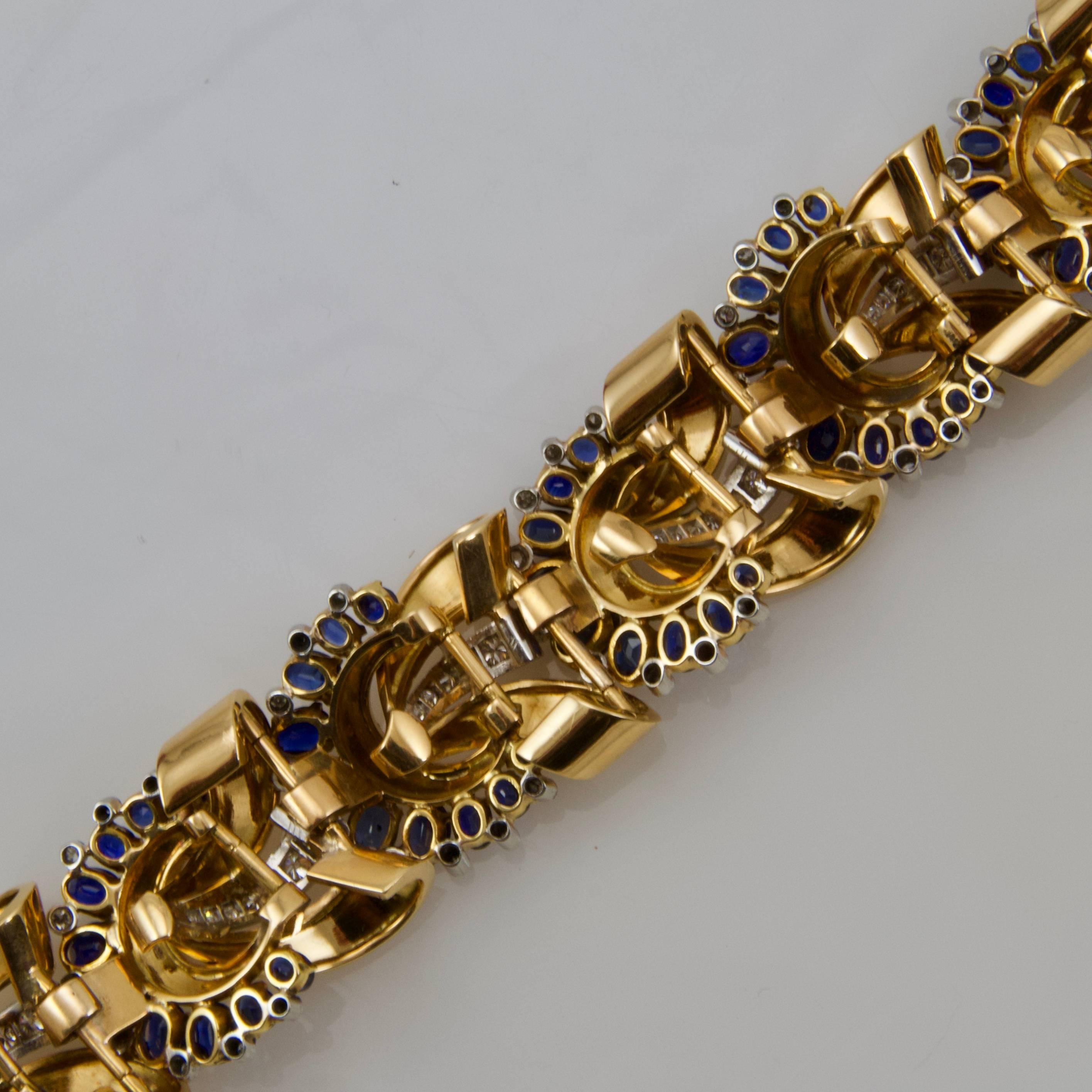  Yellow Gold Sapphires and Diamonds Bracelet circa 1950 In New Condition In Paris, FR