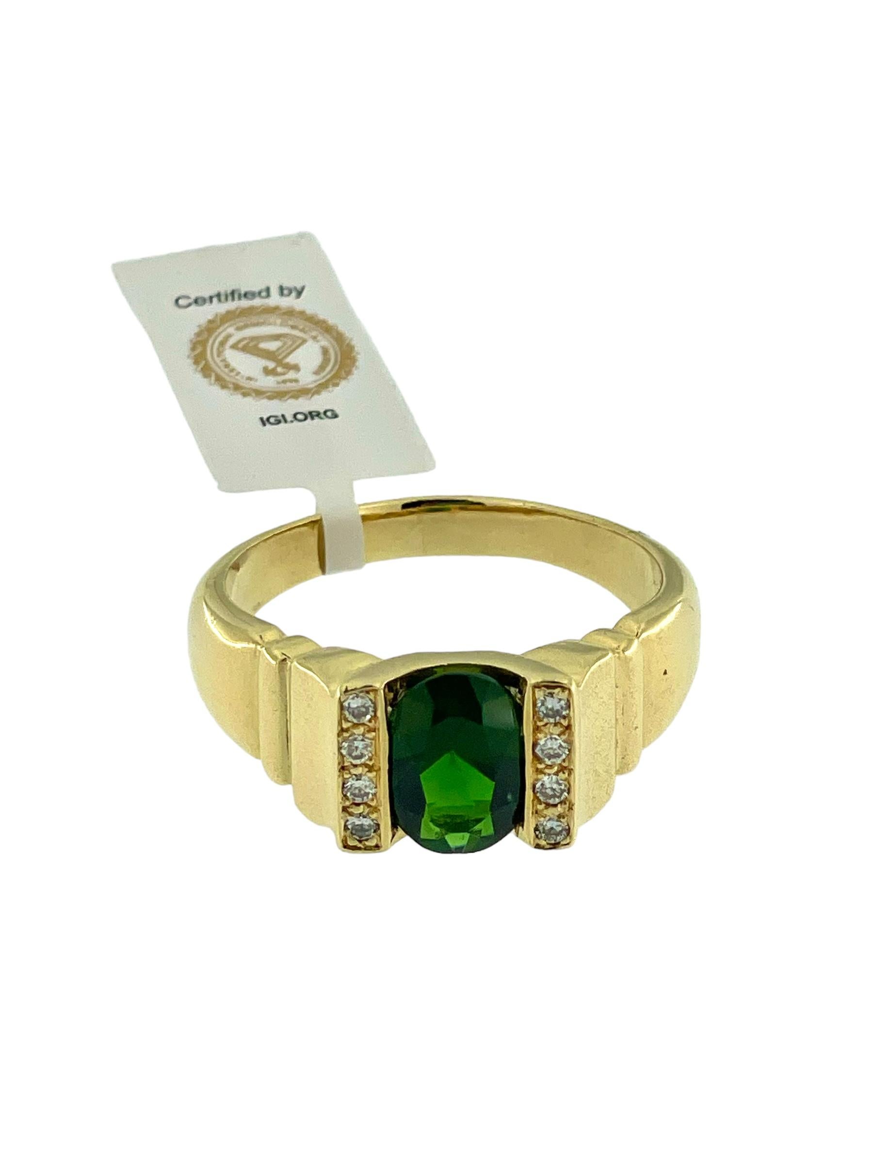 Taille brillant Bague signet vintage en or jaune avec diamants et Diopside vert certifié IGI en vente