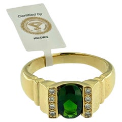 Vintage Yellow Gold Signet Ring with Diamonds and Green Diopside IGI Certified 