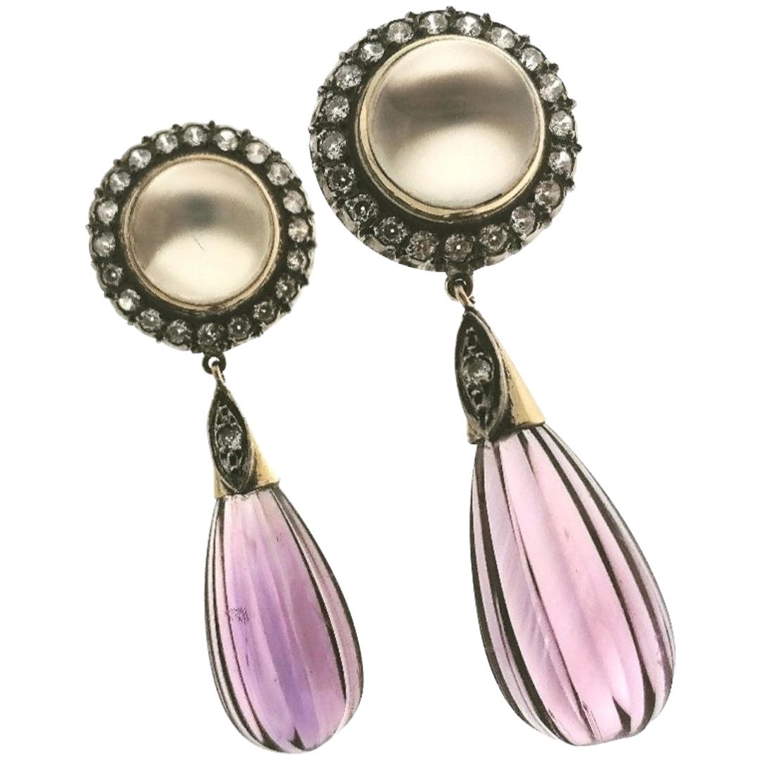Vintage Yellow Gold, Silver, Amethyst, Moonstones and Old Cut Diamonds Earrings For Sale