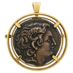 Vintage Yellow Gold Silver Ancient Alexander The Great Coin Pin Brooch Pendant